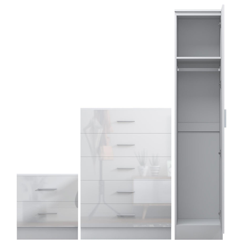 Reflect 1 Door Plain Wardrobe, 5 Drawer Chest, 2 Drawer Bedside - White Gloss & Matt White - Bedroom Furniture Set