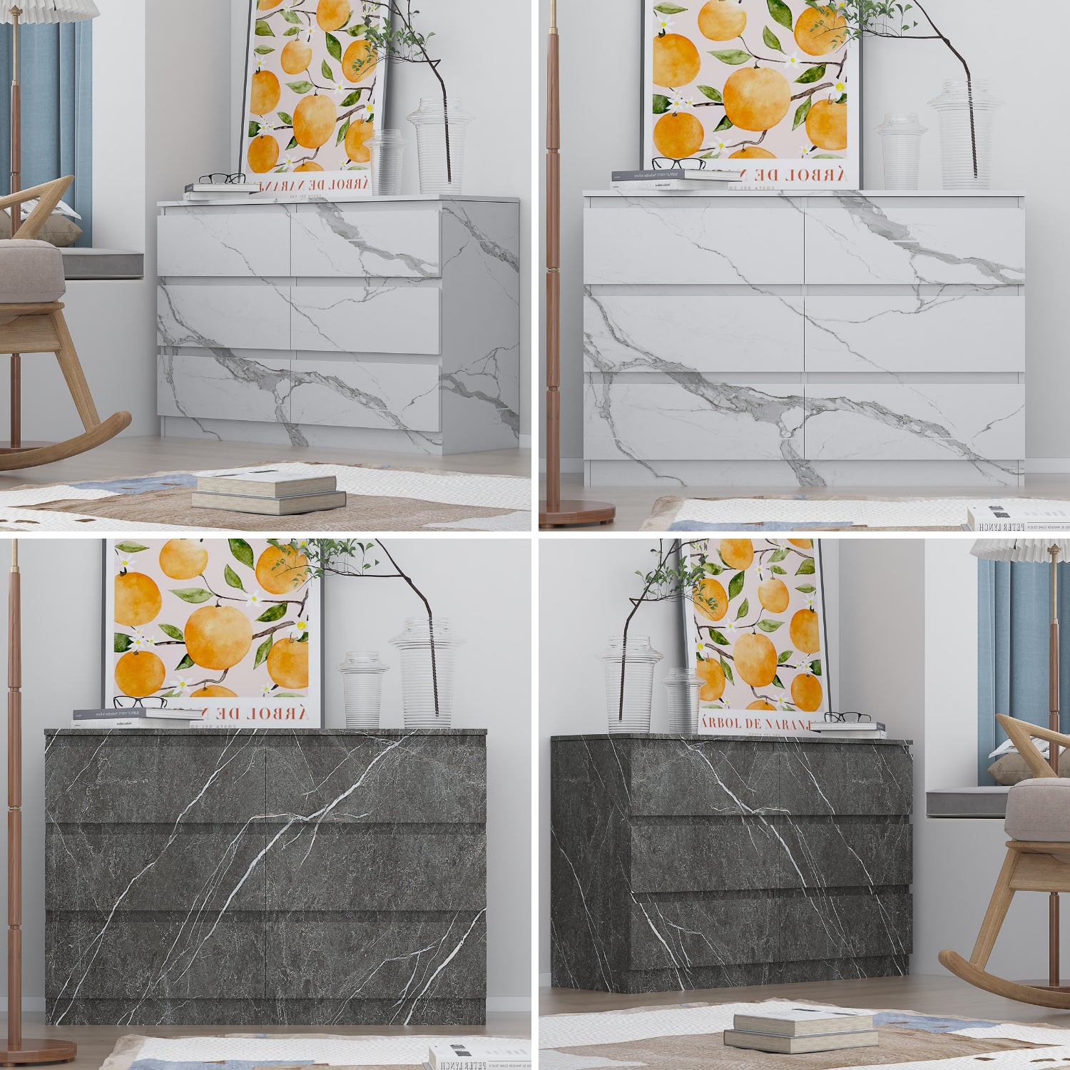 ZITA Bedroom Furniture Wide 6 Drawer Chest in White OR Grey Marble Colour Option