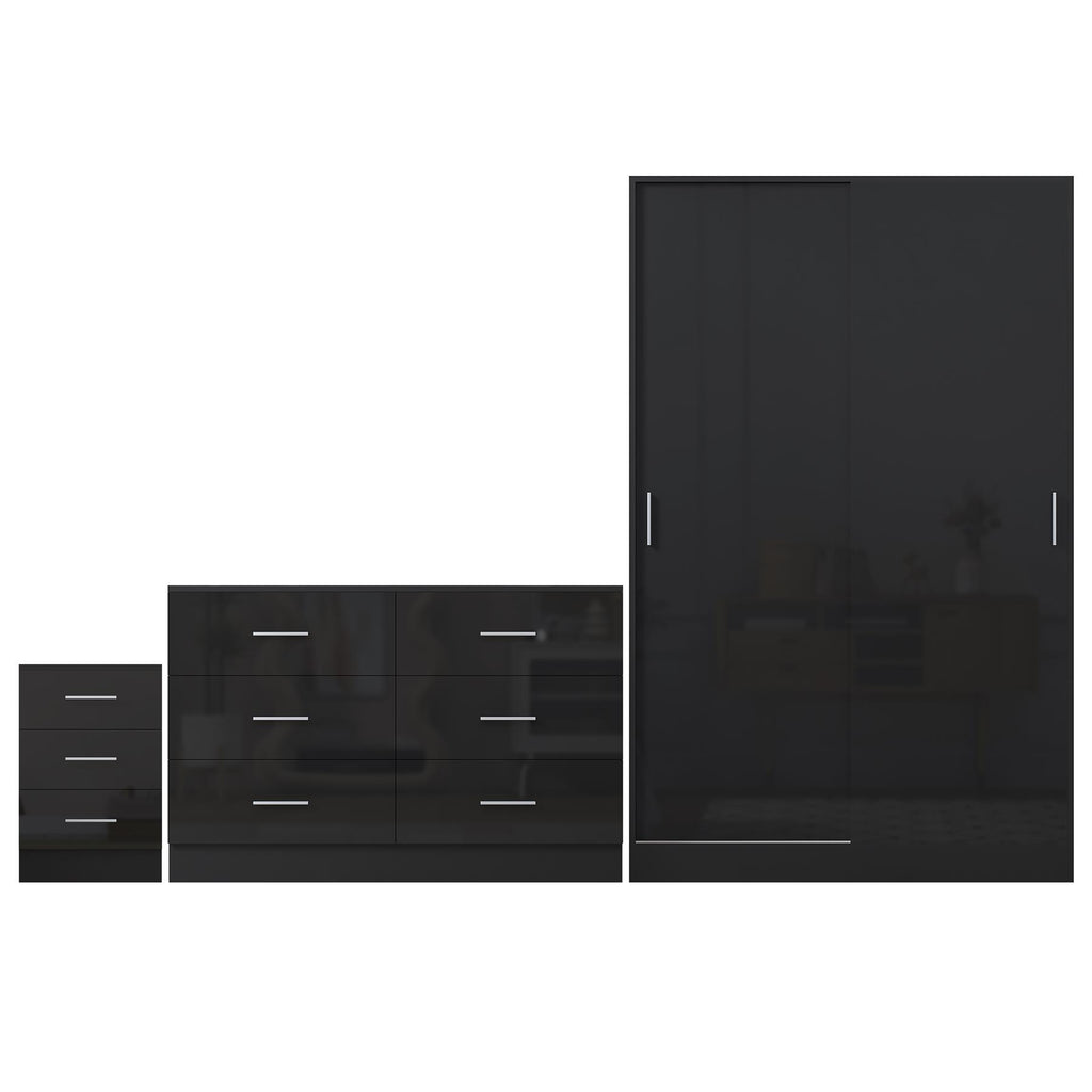 Reflect 2 Door Sliding Wardrobe, 6 Drawer Wide Chest, 3 Drawer Bedside - Black Gloss & Black Oak - Modern Bedroom Furniture Set