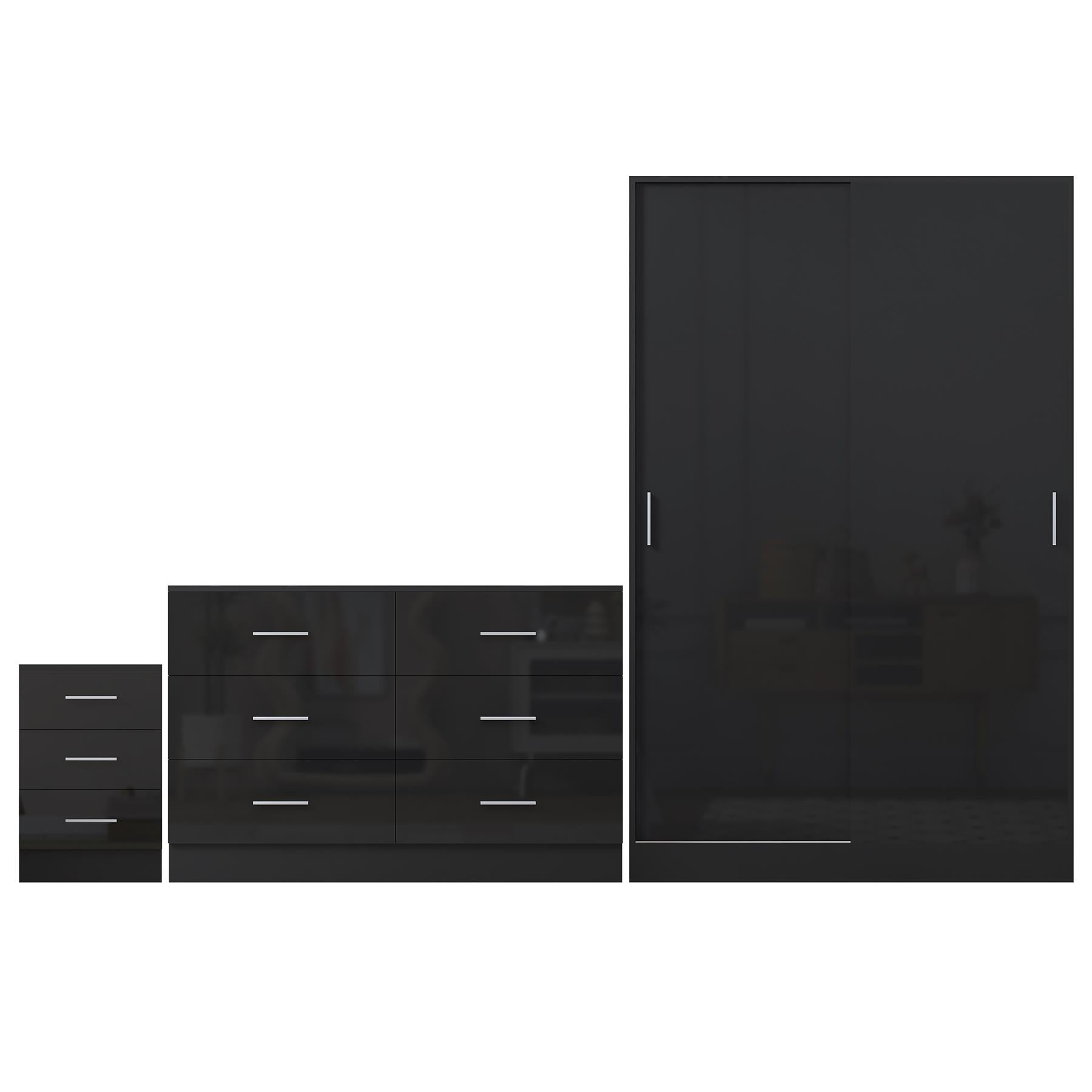 Reflect 2 Door Sliding Wardrobe, 6 Drawer Wide Chest, 3 Drawer Bedside - Black Gloss & Black Oak - Modern Bedroom Furniture Set