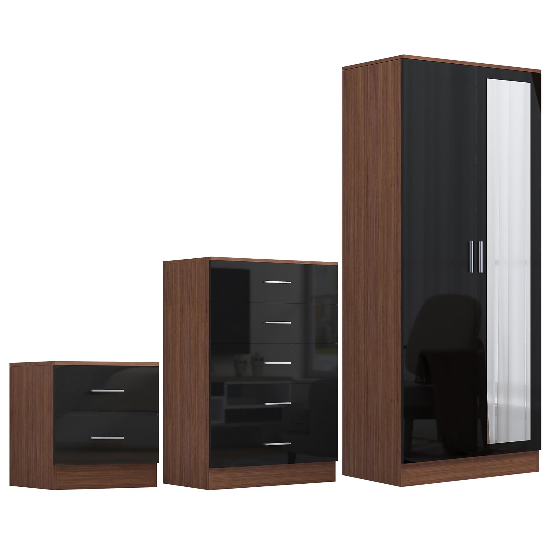 Reflect 2 Door Mirror Wardrobe, 5 Drawer Chest, 2 Drawer Bedside - Black Gloss & Walnut - Modern Bedroom Furniture Set