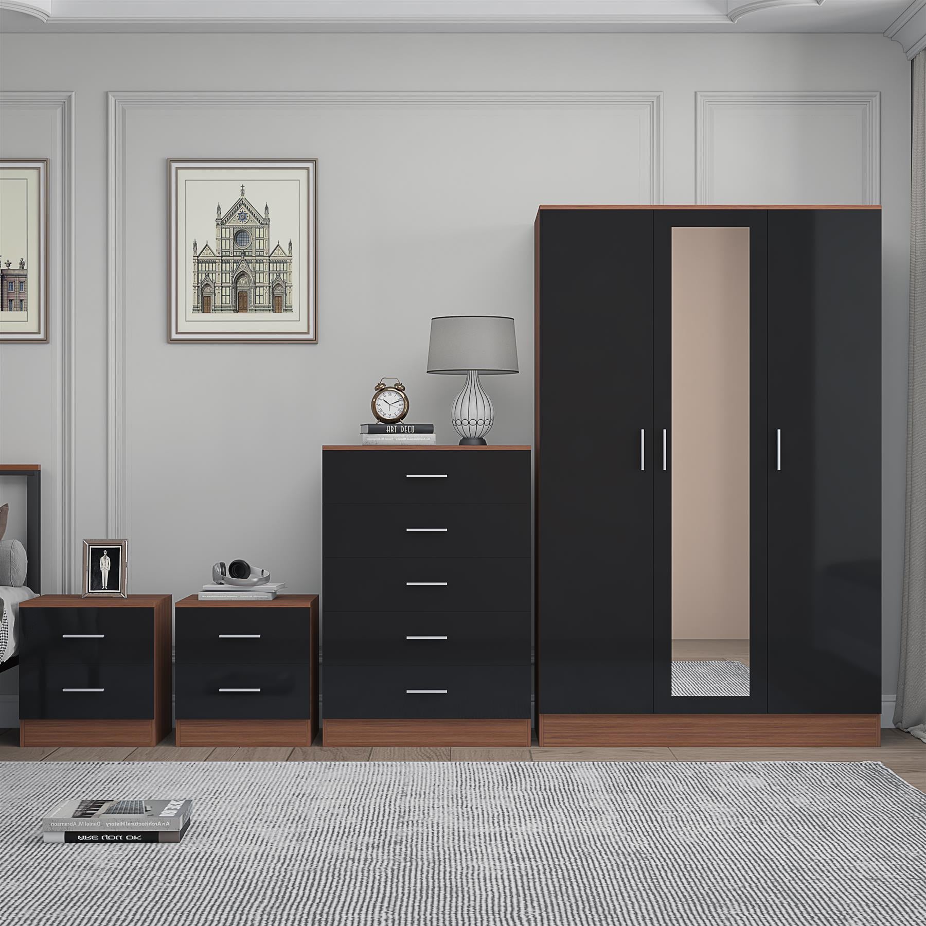 Reflect 3 Door Mirror Wardrobe, 5 Drawer Chest, 2x 2 Drawer Bedsides - Black Gloss & Walnut - Modern Bedroom Furniture Set
