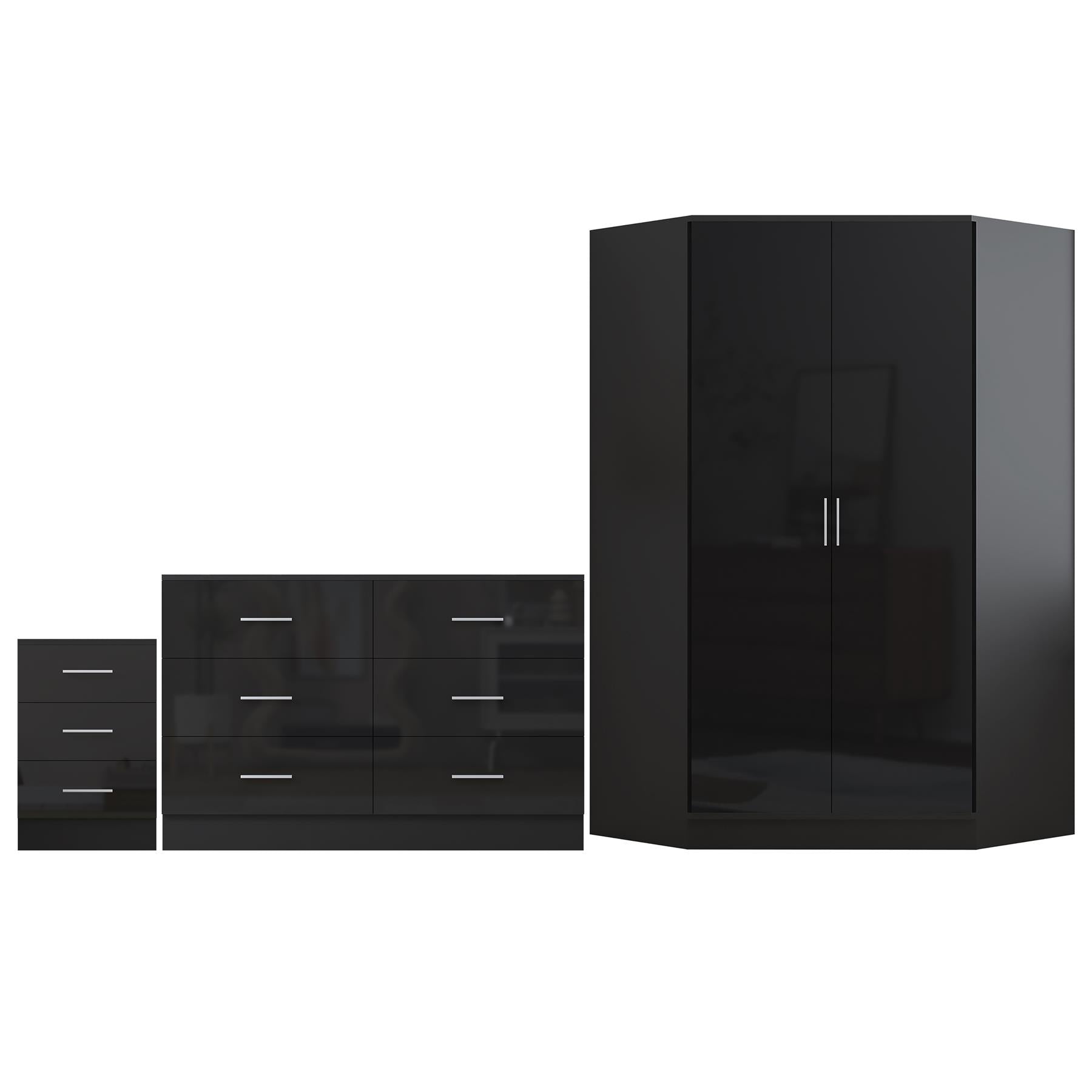 REFLECT - 2 Door CORNER + 6 Drawer Chest + 3 Drawer Bedside - Gloss Black / Matt Black