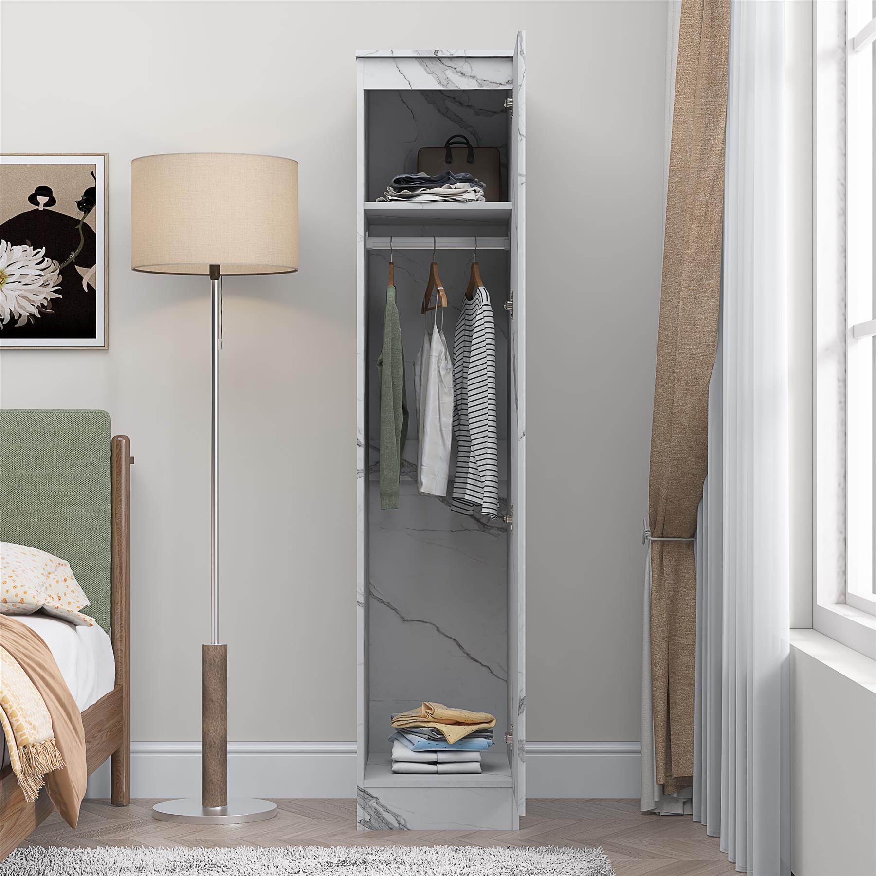ZITA Compact 1-Door Wardrobe in White Marble Effect - Bedroom Storage, (L) 50cm x (W) 37.5cm x (H) 180cm, Stylish and Space-Saving