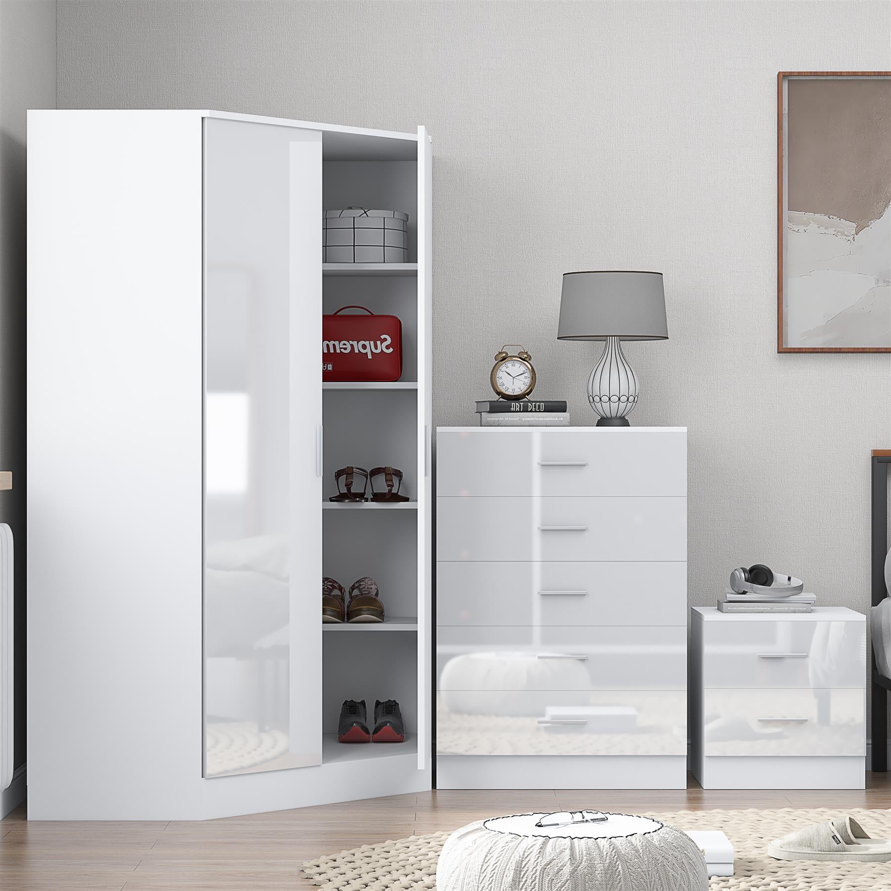 REFLECT Gloss 4pc Set - 2 Door Corner Wardrobe + 5 Draw Chest + Bedside