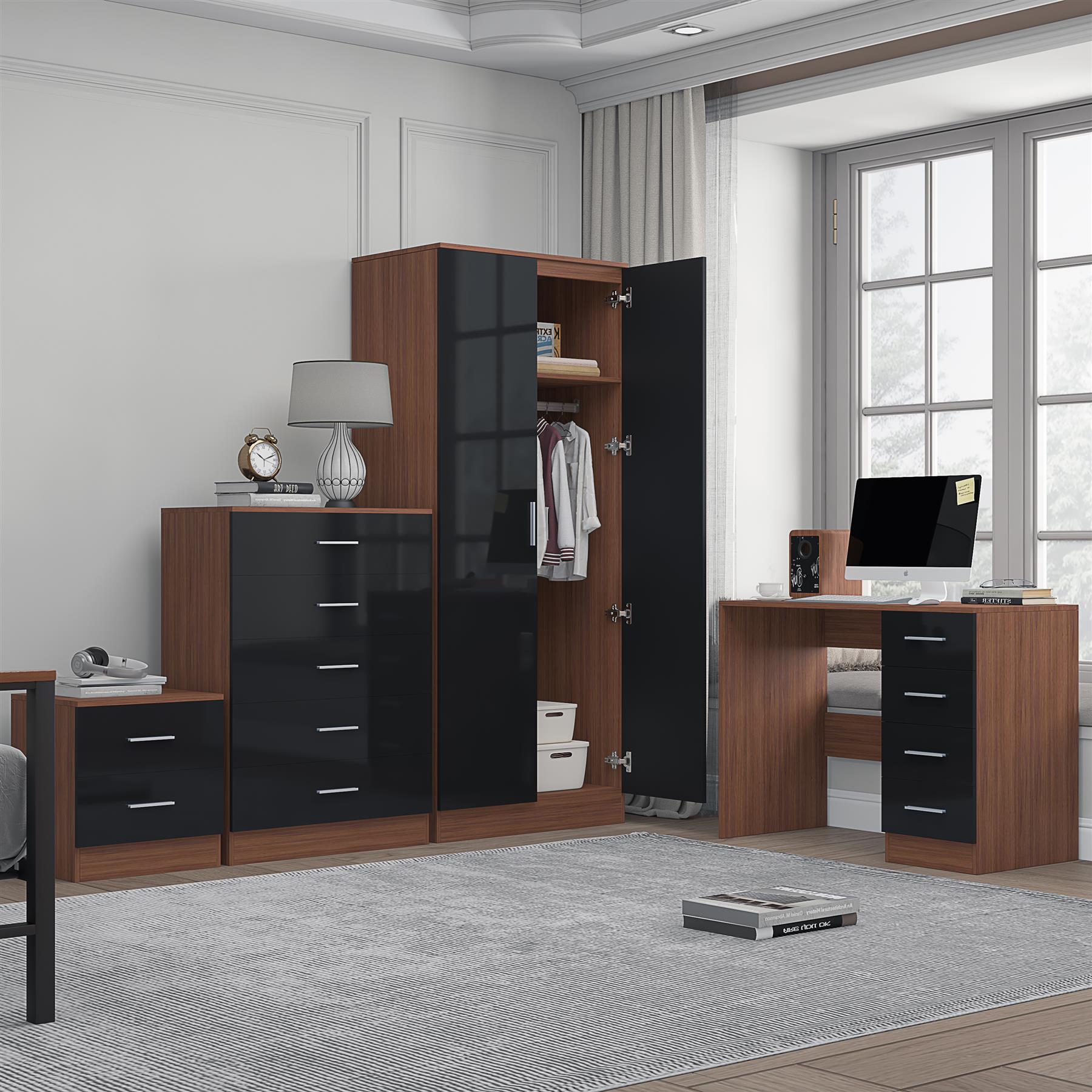 Reflect 2 Door Mirror Wardrobe, 5 Drawer Chest, 2 Drawer Bedside & Desk - Black Gloss & Walnut - Modern Bedroom Furniture Set