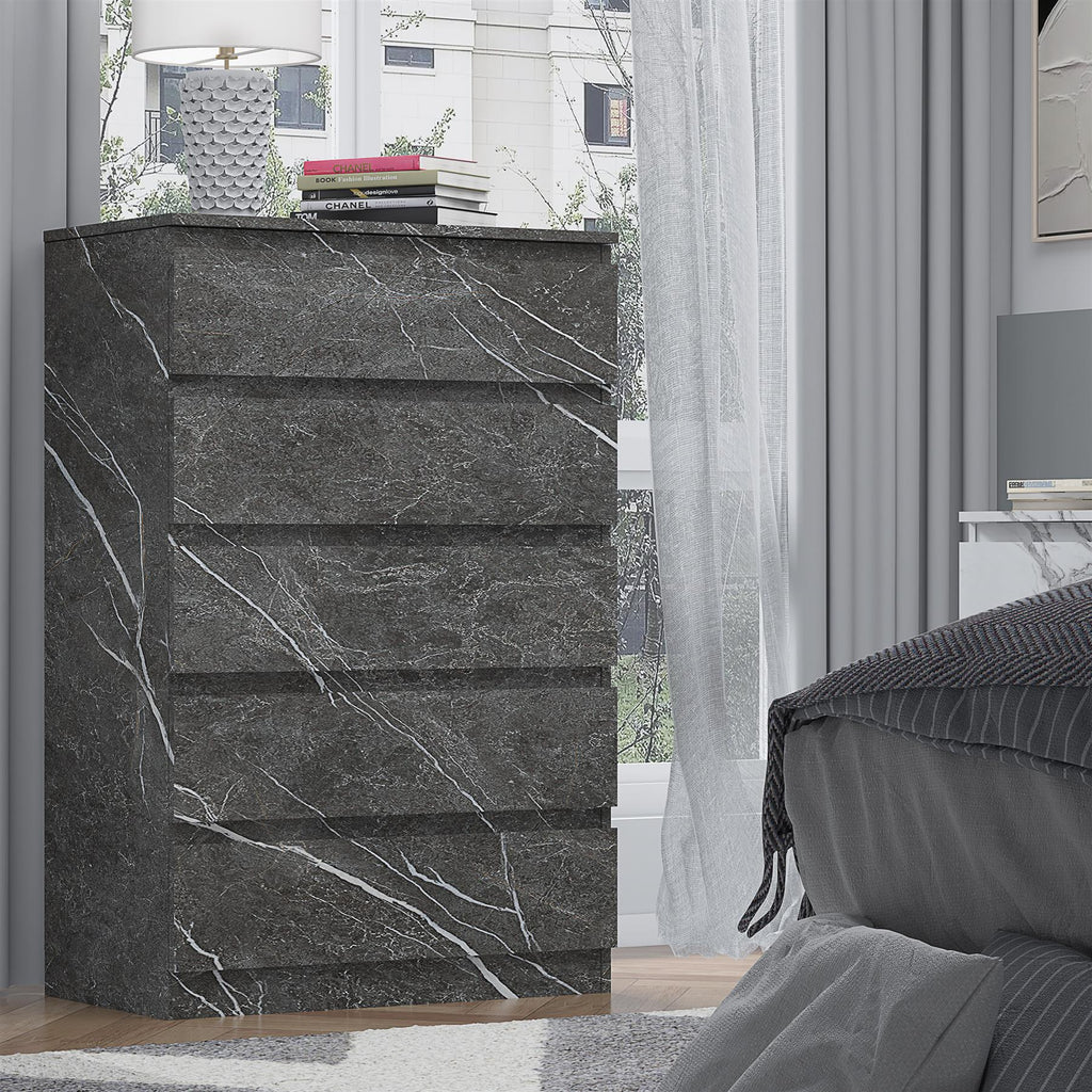 ZITA Grey Marble Effect 5 Drawer Chest - Modern Storage Unit, (L) 40cm x (W) 70cm x (H) 107cm, Stylish Bedroom Storage