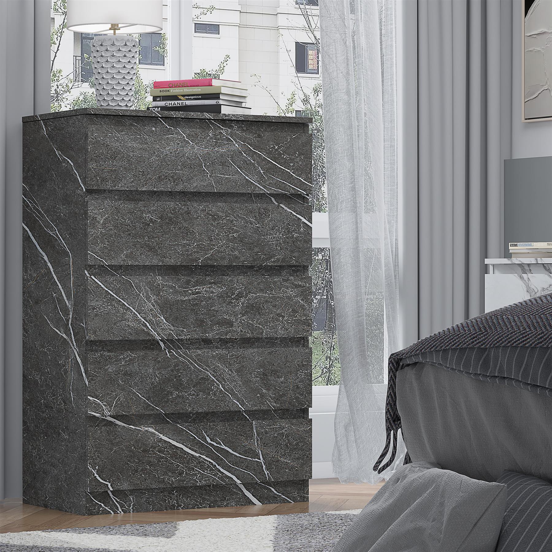ZITA Grey Marble Effect 5 Drawer Chest - Modern Storage Unit, (L) 40cm x (W) 70cm x (H) 107cm, Stylish Bedroom Storage