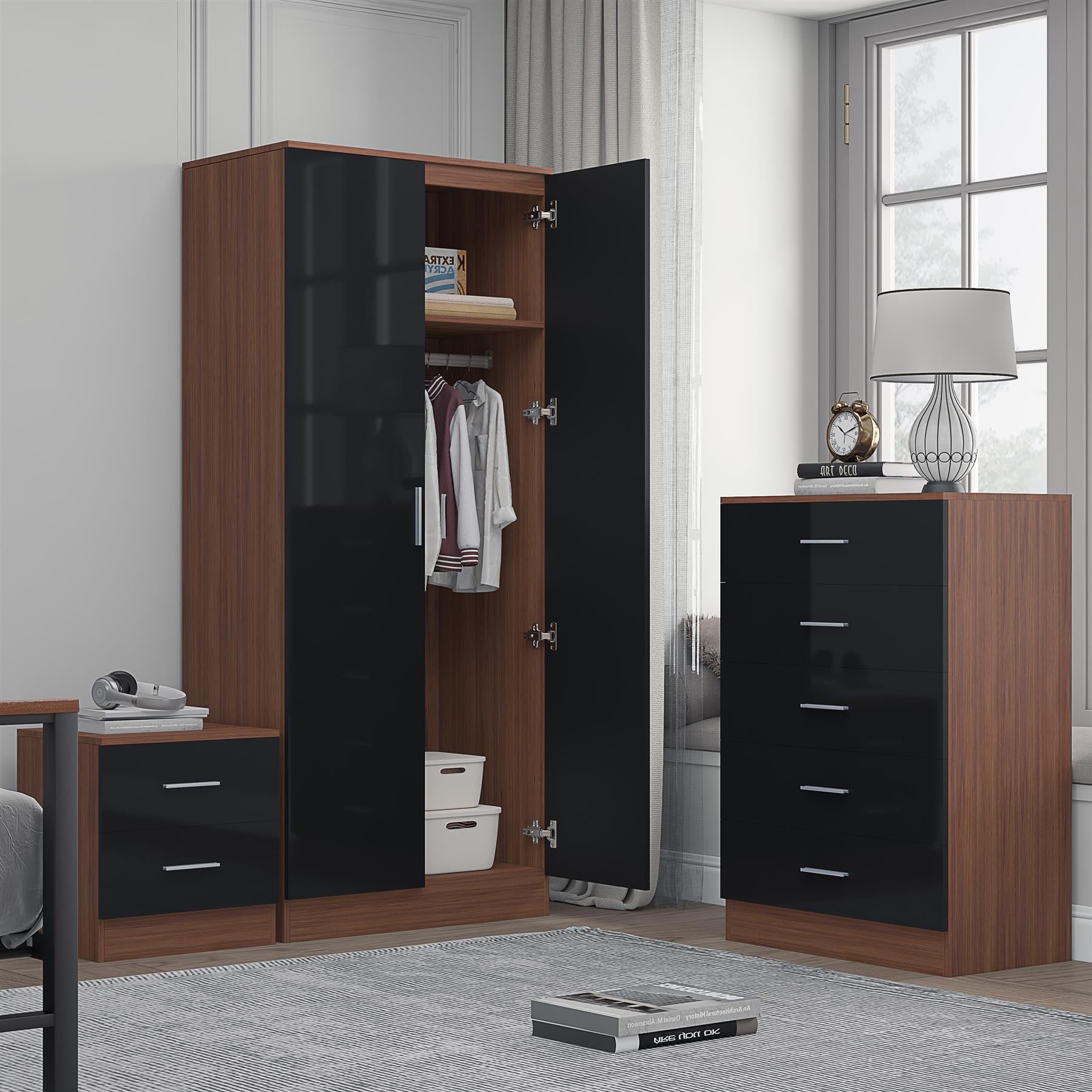 Reflect 2 Door Mirror Wardrobe, 5 Drawer Chest, 2 Drawer Bedside - Black Gloss & Walnut - Modern Bedroom Furniture Set