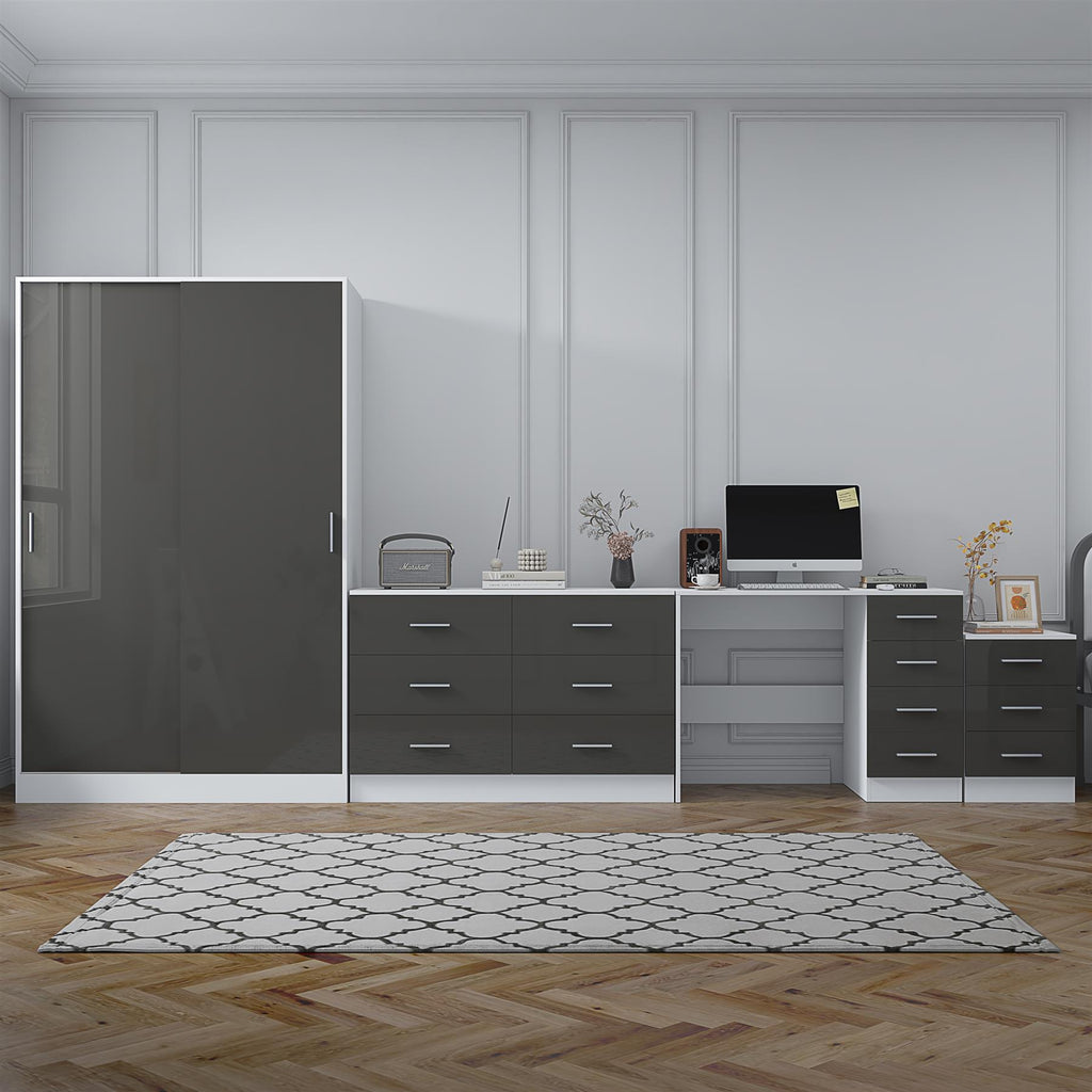 Reflect 2 Door Sliding Wardrobe, 6 Drawer Wide Chest, 3 Drawer Bedside, 4 Drawer Desk - Grey Gloss & Matt White - Modern Bedroom Furniture Set