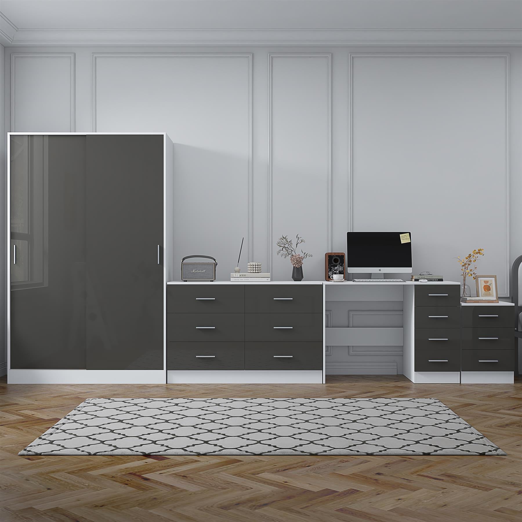 REFLECT Gloss 4pc Set - 2 Door Sliding Wardrobe + Wide Chest + Bedside + Desk.