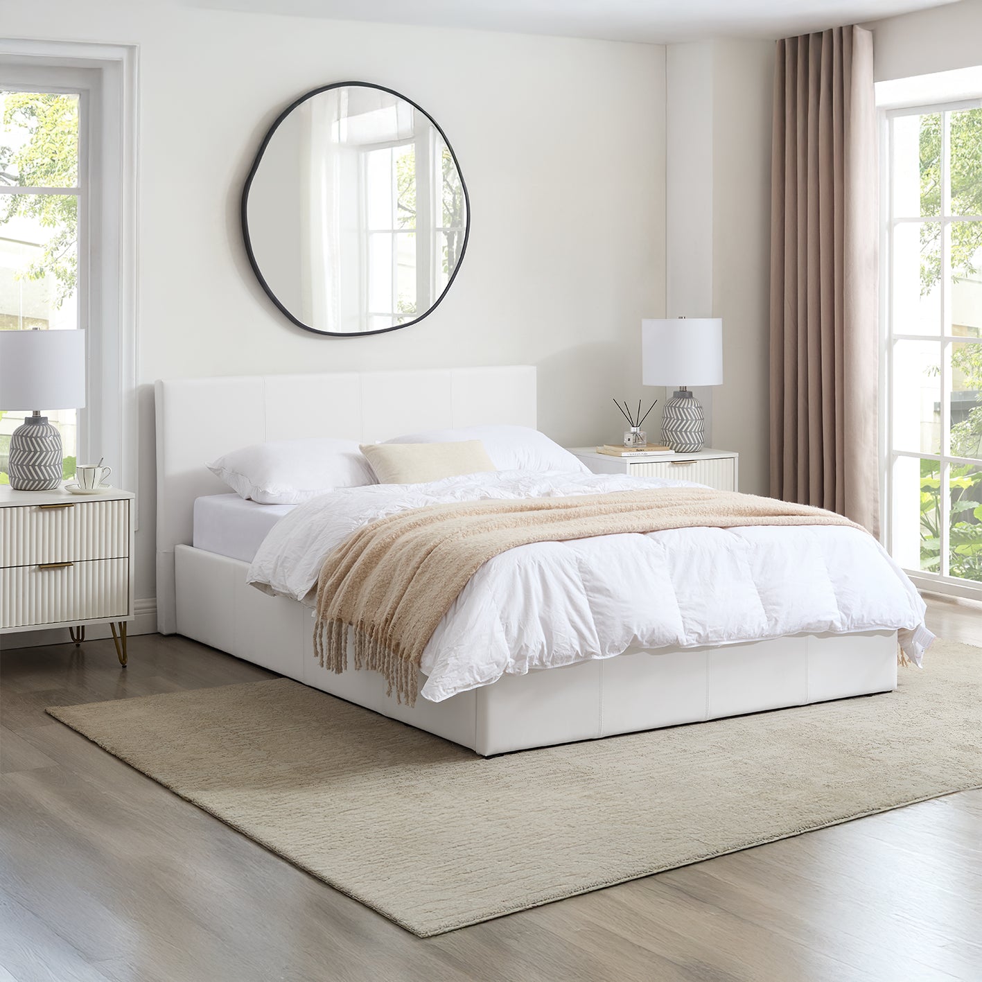 LUNA 4FT Small Double White Ottoman Storage Bed Gas Lift & 17cm Thick Spring Mattress - L:203cm x W:138cm x H:88.5cm