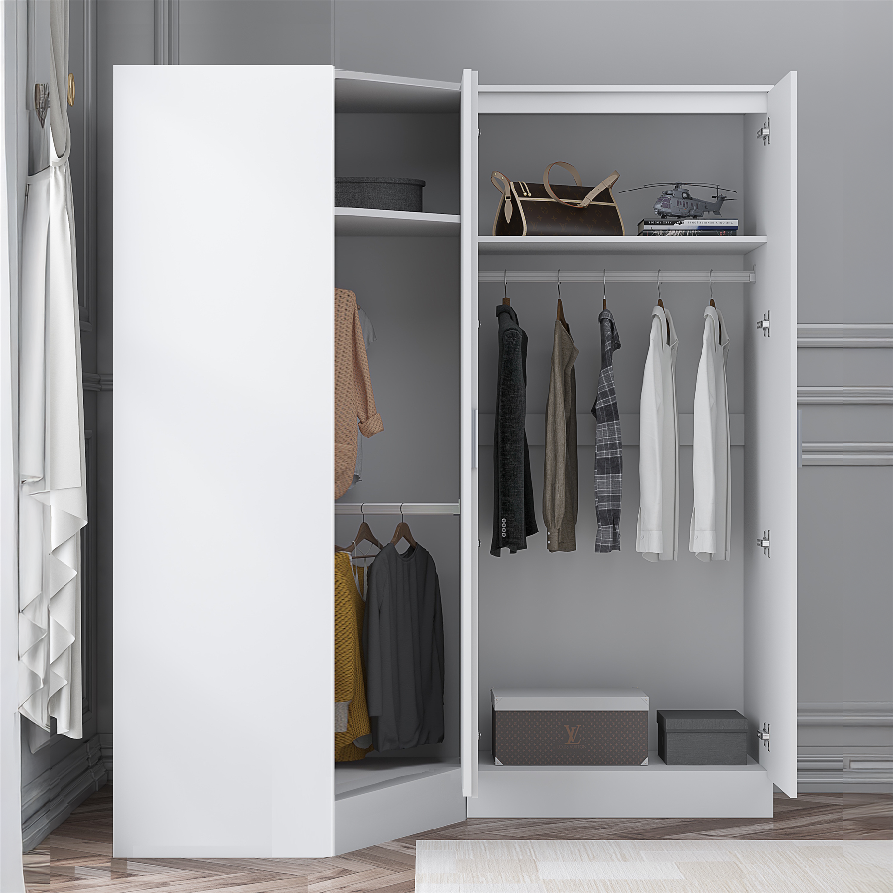 REFLECT - 1 Door Corner + 2 Door Mirror Wardrobe in Gloss White / Matt White