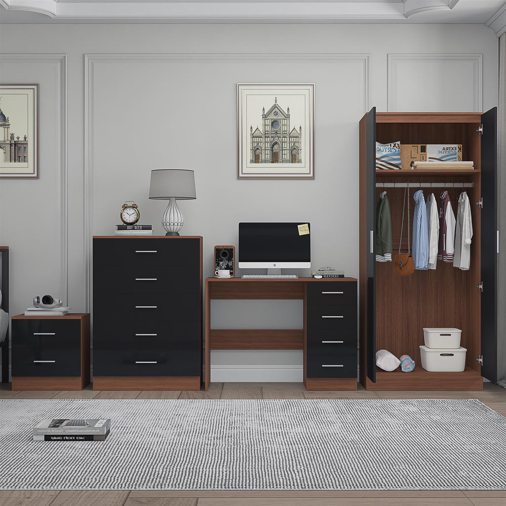 Reflect 2 Door Mirror Wardrobe, 5 Drawer Chest, 2 Drawer Bedside & Desk - Black Gloss & Walnut - Modern Bedroom Furniture Set