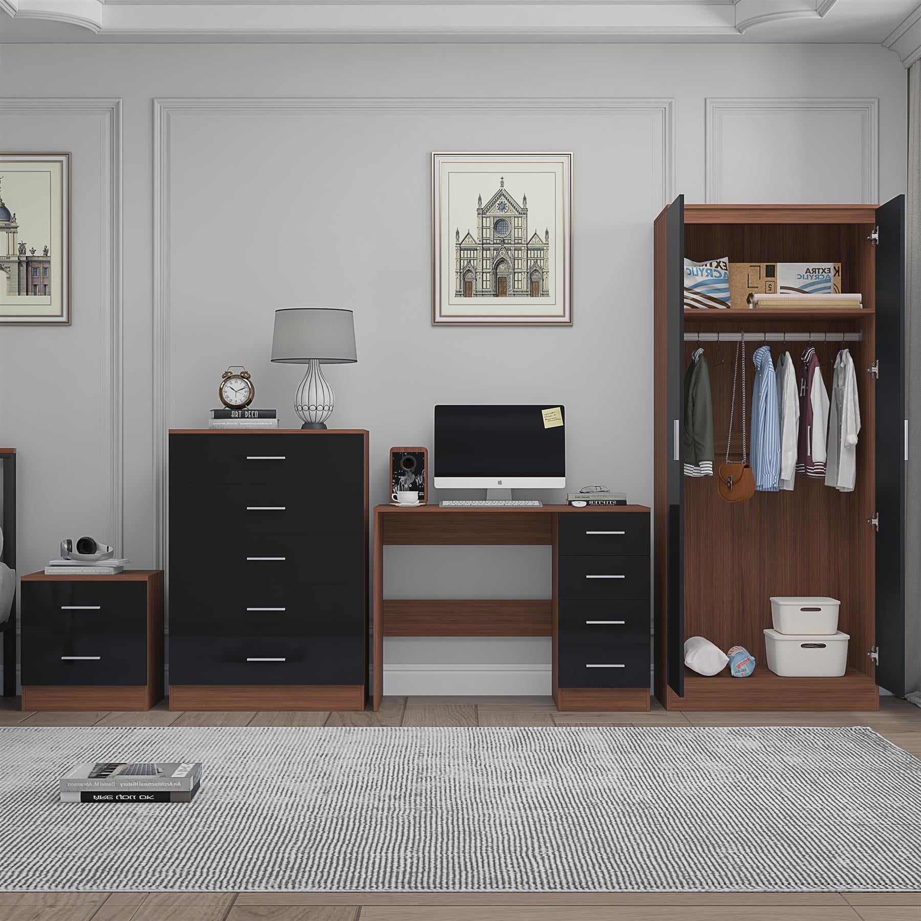 Reflect 2 Door Mirror Wardrobe, 5 Drawer Chest, 2 Drawer Bedside & Desk - Black Gloss & Walnut - Modern Bedroom Furniture Set