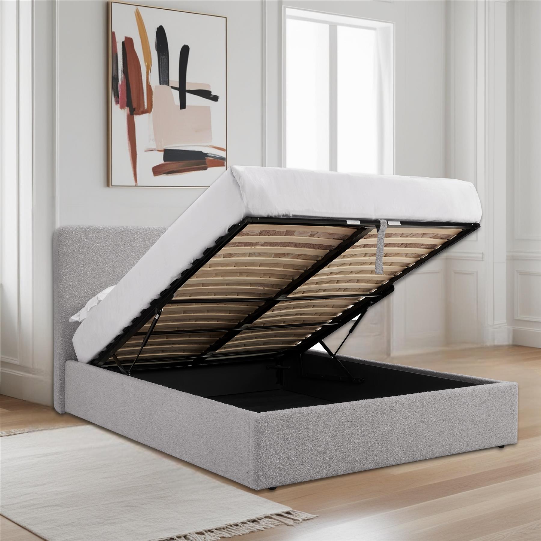 TEDDY BOUCLE 4FT6 Double Grey Ottoman Storage Bed Gas Lift Up - (L) 210cm x (W) 155cm (H) 113cm with 15cm Memory Foam Mattress
