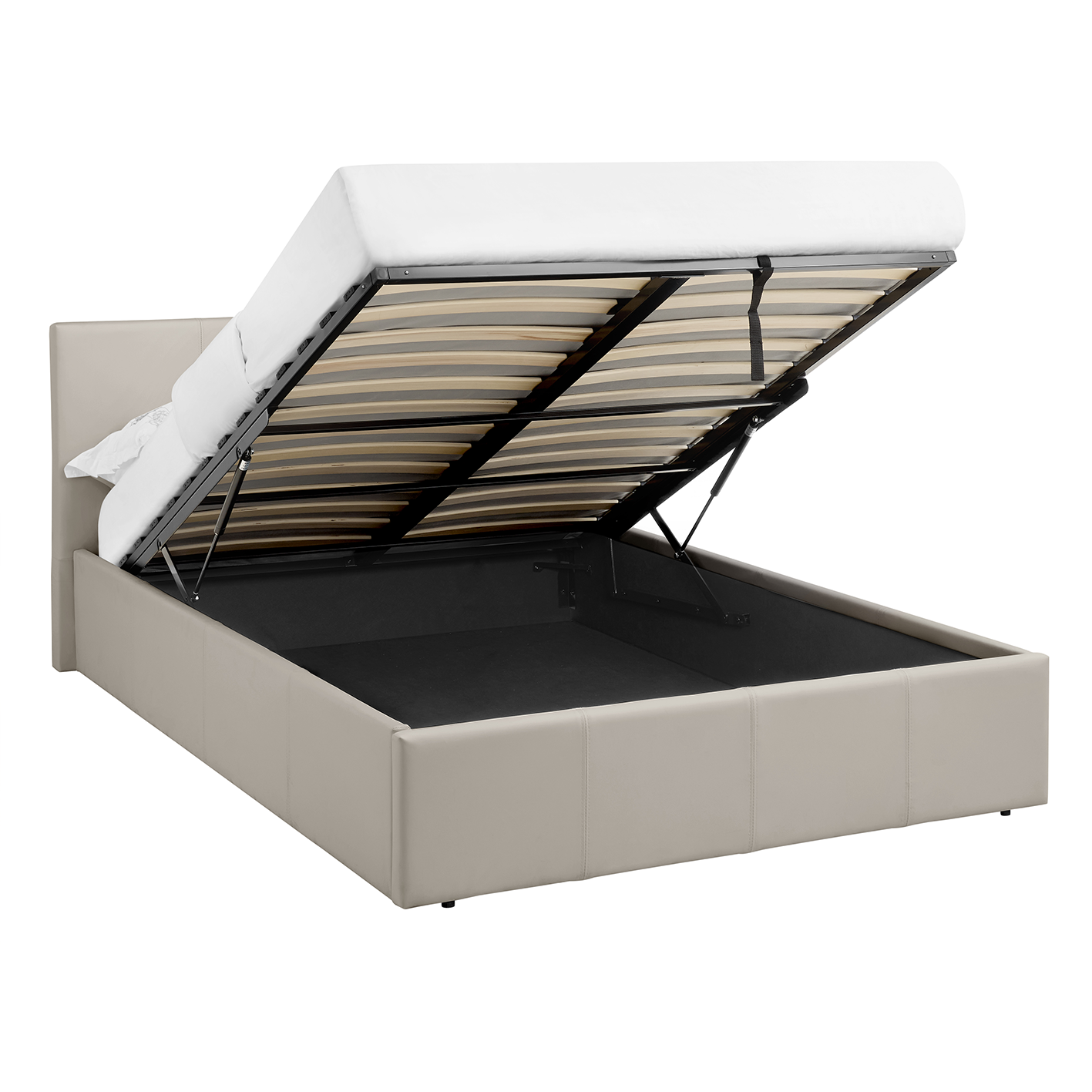 LUNA 5FT King Cream Beige Ottoman Storage Bed Gas Lift & 17cm Thick Spring Mattress
