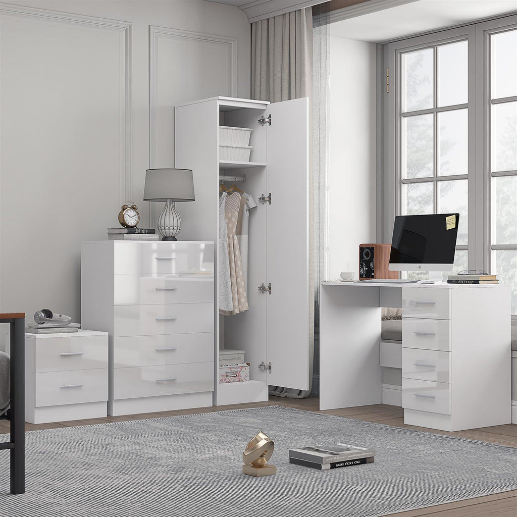 Reflect 1 Door Plain Wardrobe, 5 Drawer Chest, 2 Drawer Bedside & Desk - White Gloss & Matt White - Bedroom Furniture Set