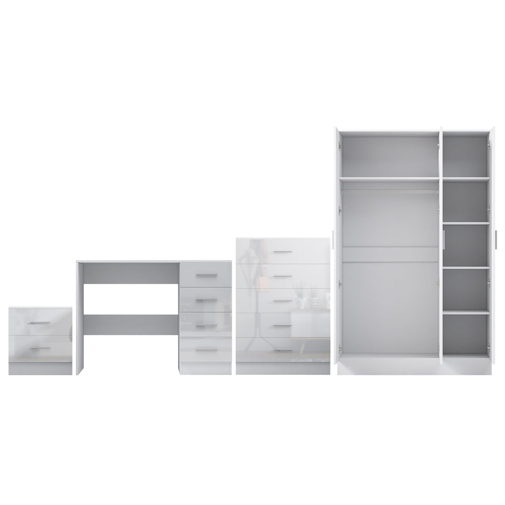 Reflect 3 Door Plain Wardrobe, 5 Drawer Chest, 2 Drawer Bedside & Desk - White Gloss & Matt White - Modern Bedroom Furniture Set