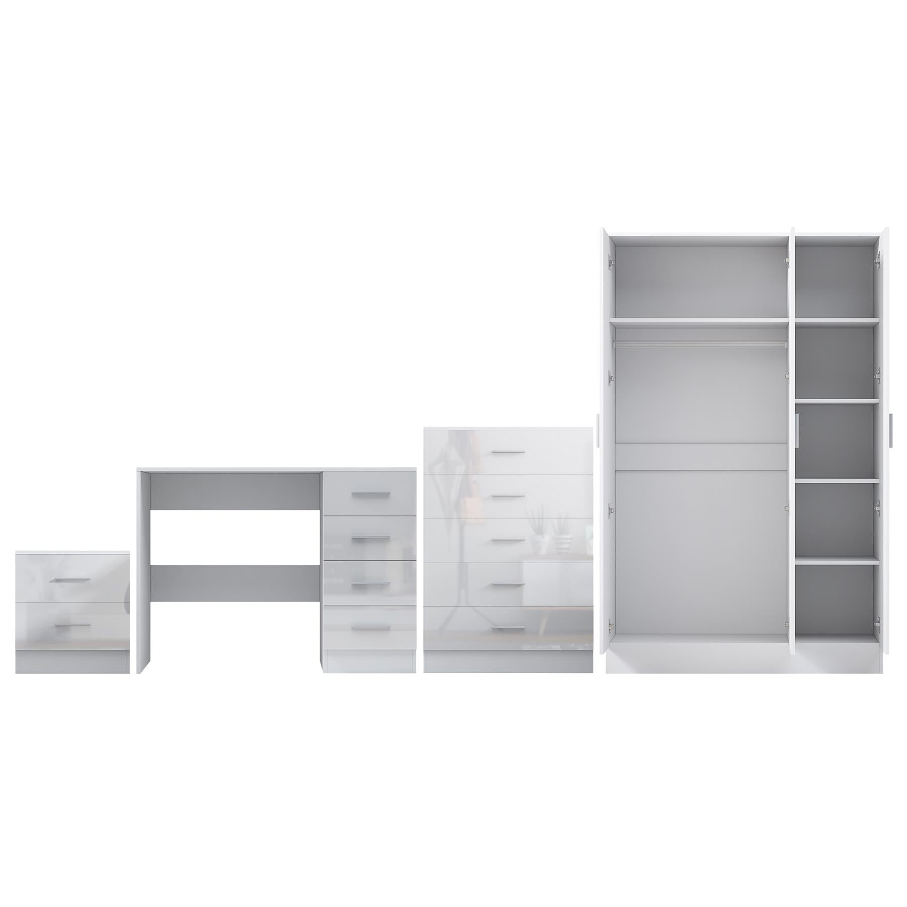 Reflect 3 Door Plain Wardrobe, 5 Drawer Chest, 2 Drawer Bedside & Desk - White Gloss & Matt White - Modern Bedroom Furniture Set