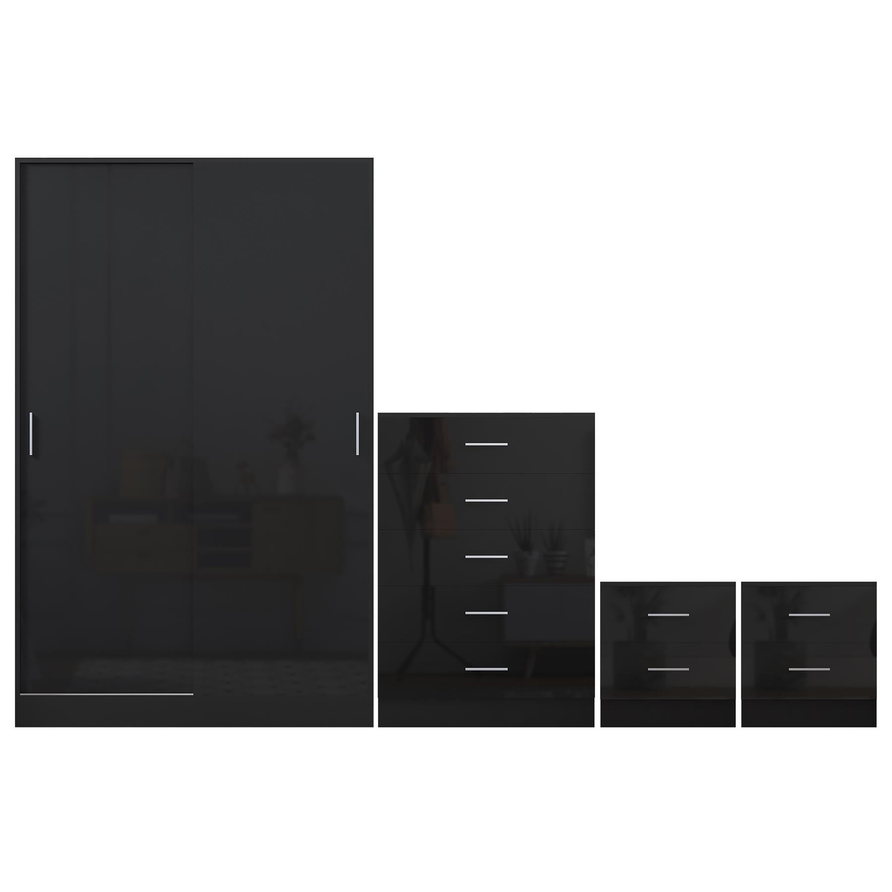 Reflect 2 Door Sliding Wardrobe, 5 Drawer Chest, 2x 2 Drawer Bedsides - Black Gloss & Black Oak - Modern Bedroom Furniture Set