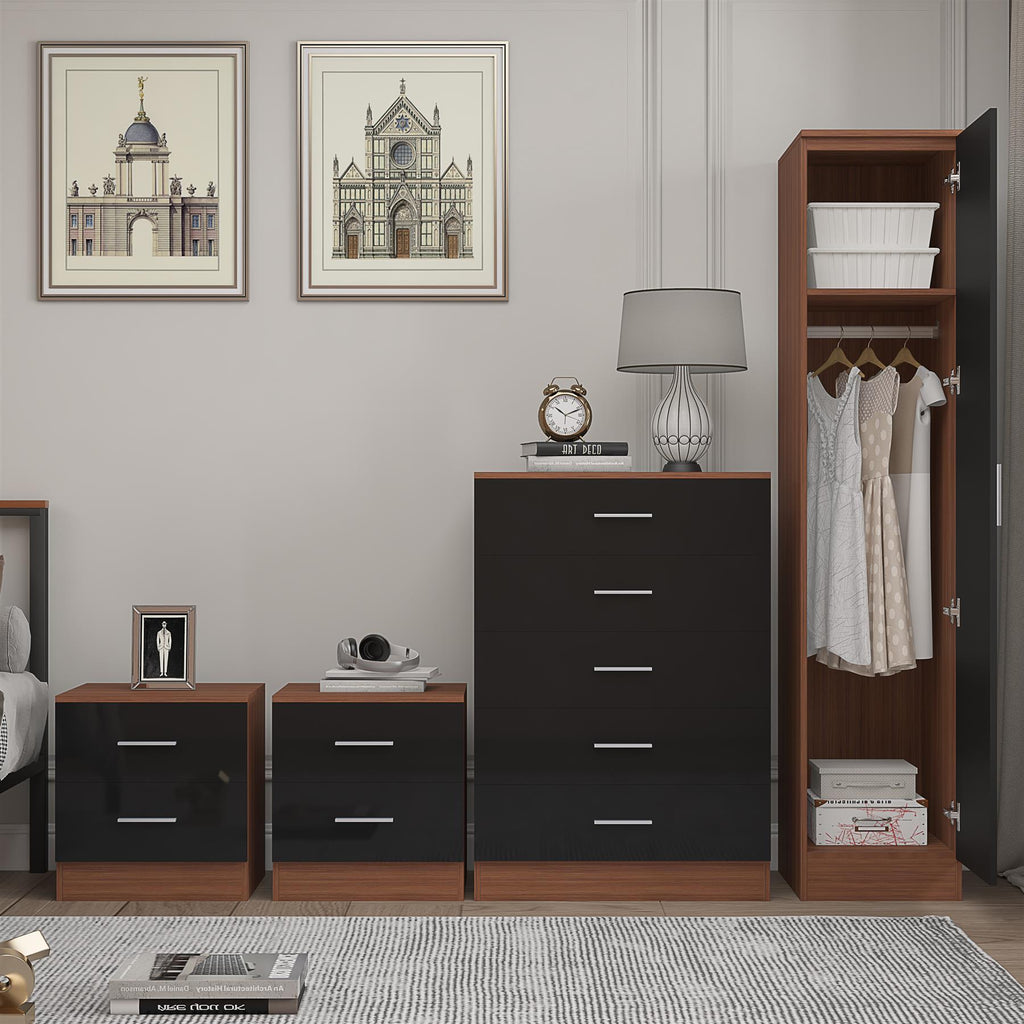 Reflect 1 Door Plain Wardrobe, 5 Drawer Chest, 2x 2 Drawer Bedsides - Black Gloss & Walnut - Modern Bedroom Furniture Set