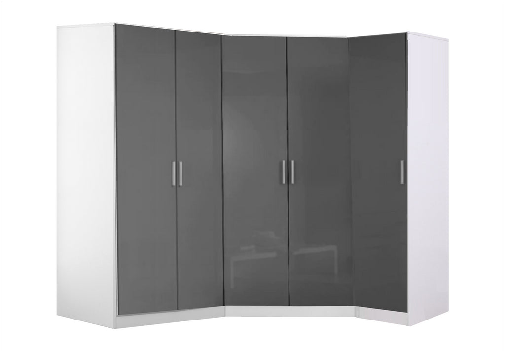 Reflect 3pc Wardrobe Bundle - 2 Door Corner + 2 Door Plain + 1 Door Plain - Grey Gloss & Matt White - H: 180cm x W: 179cm
