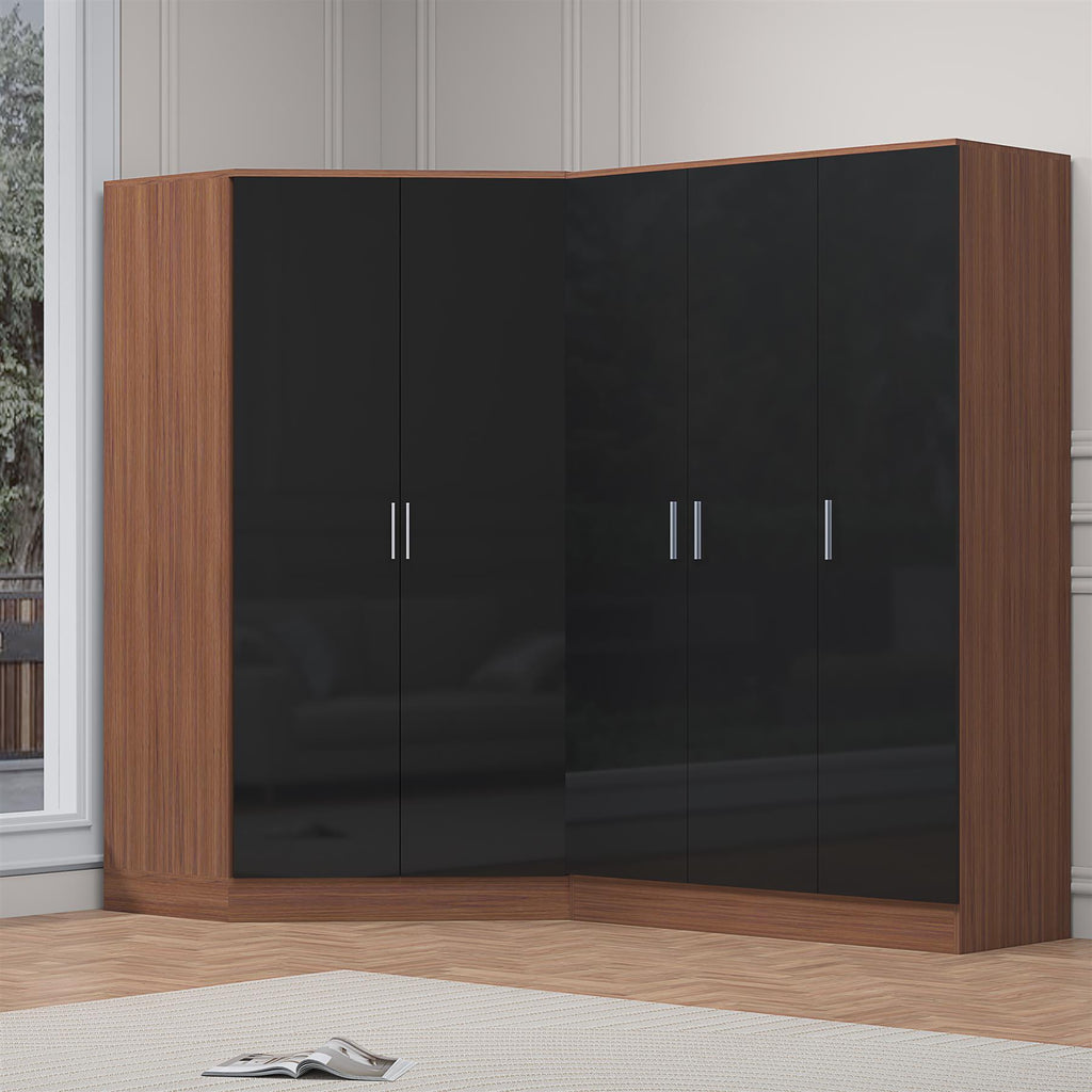 Reflect 2pc Wardrobe Bundle - 2 Door Corner + 3 Door Plain - Black Gloss & Walnut - H: 180cm x W: 179cm x D: 103cm