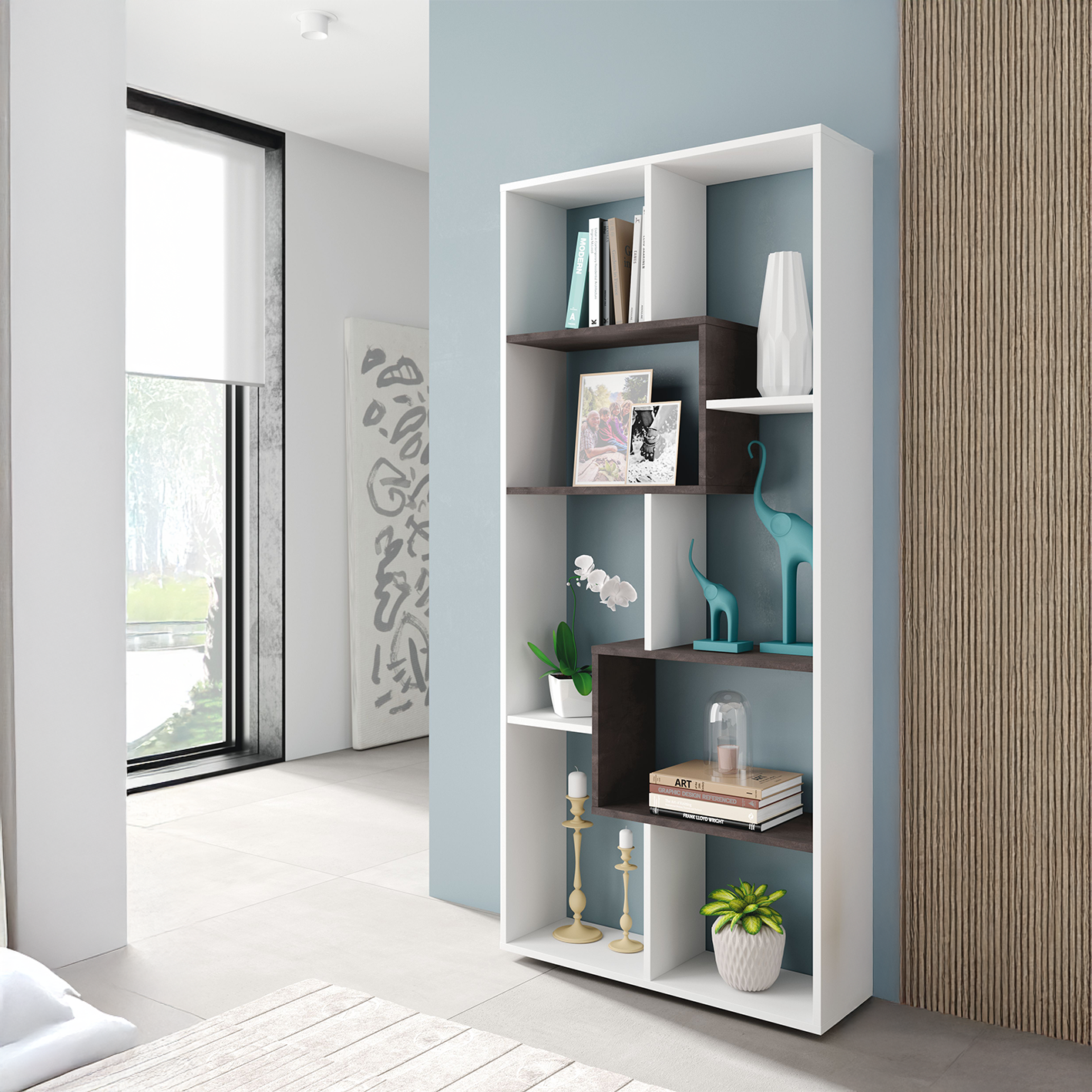 KAWA 7 Tier Open Shelf Modern Bookcase for Bedroom, Living Room & Home Office - H: 180cm x W: 80cm x D: 25cm - White/Dark Brown.