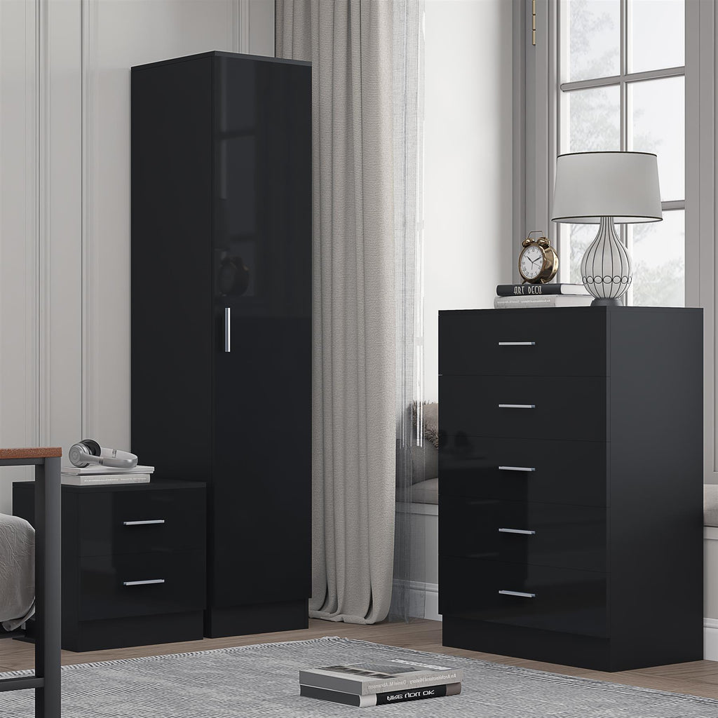 Reflect 1 Door Plain Wardrobe, 5 Drawer Chest, 2 Drawer Bedside - Black Gloss & Black Oak - Bedroom Furniture Set