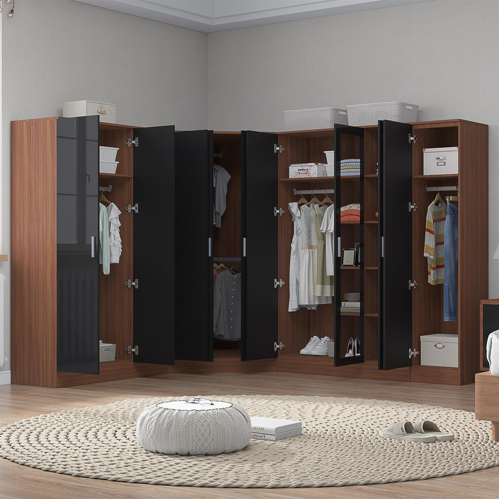 Reflect 4pc Wardrobe Bundle - 2 Door Corner + 3 Door Mirror + 3 Door Plain + 1 Door Plain - Black Gloss & Walnut