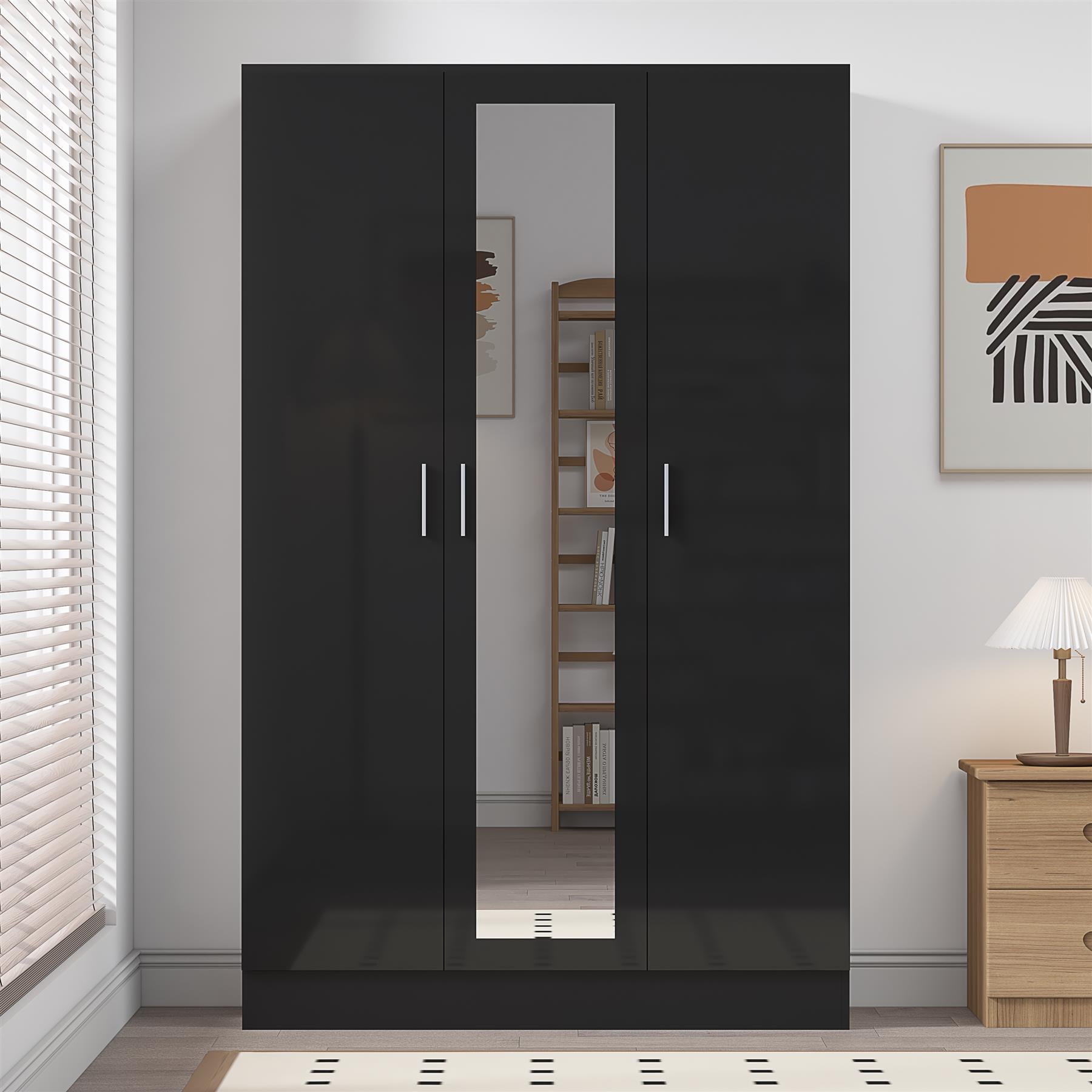 Reflect 3 Door Mirror Wardrobe - Black Gloss & Black Oak - Hanging Rail & 4 Shelves- H: 180cm x W: 113cm x D: 47cm - Modern Design