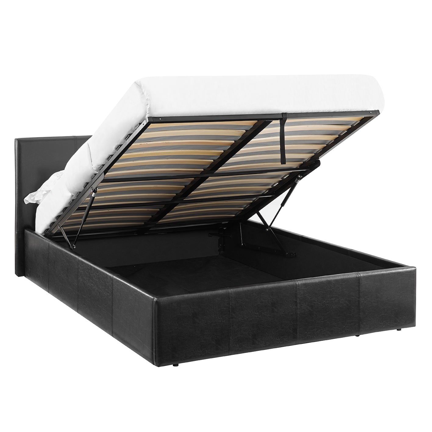 LUNA 4FT Small Double Black Ottoman Storage Bed with Gas Lift - Faux Leather Fabric - L:203cm x W:138cm x H:88.5cm