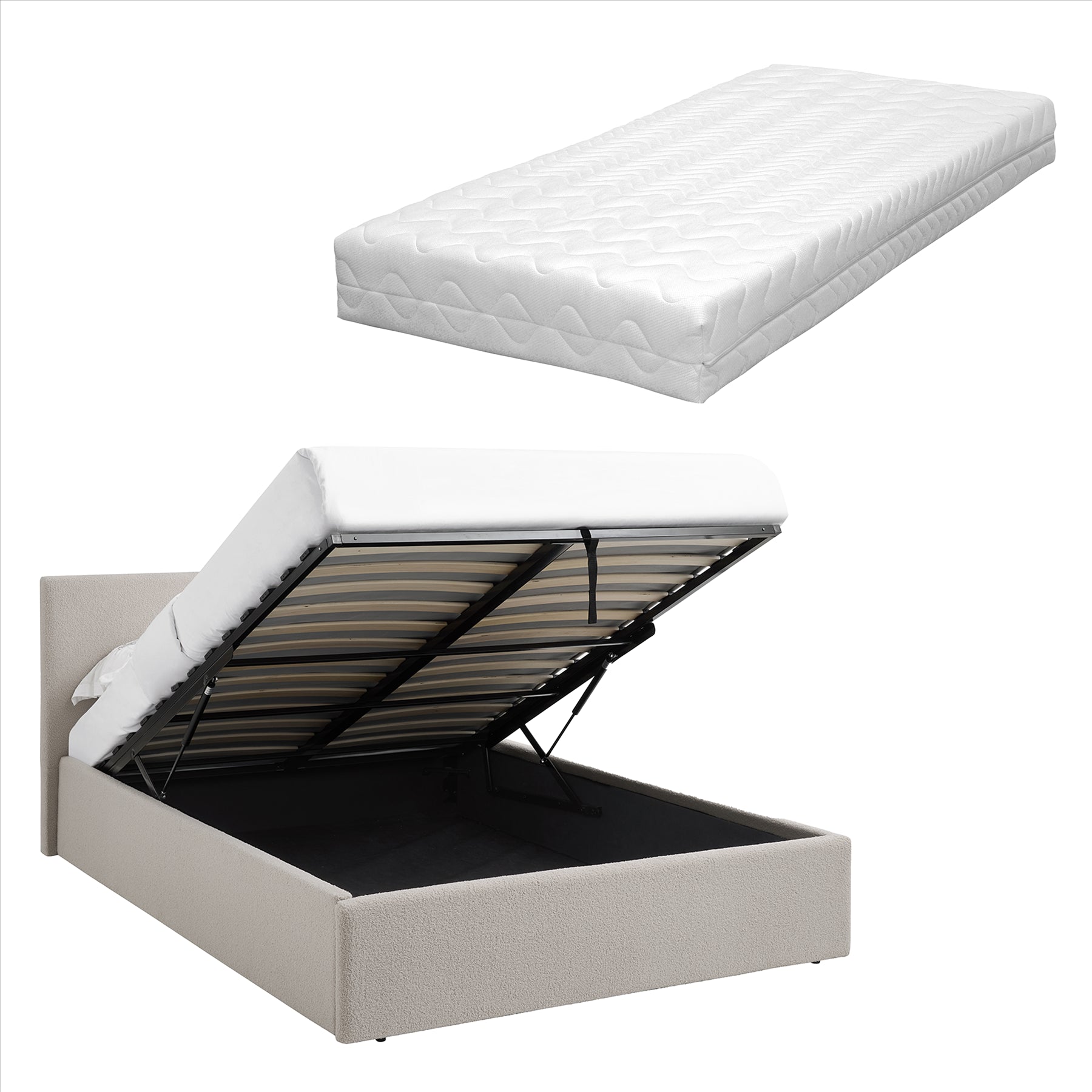 TEDDY BOUCLE 4FT Small Double Beige Ottoman Storage Bed Gas Lift Up - (L) 203cm x (W) 138cm with Memory Foam & Spring Mattress
