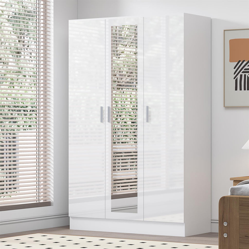 Reflect 3 Door Mirror Wardrobe-White Gloss & Matt White-Hanging Rail & 4 Shelves-H: 180cm x W: 113cm x D: 47cm - Modern Design