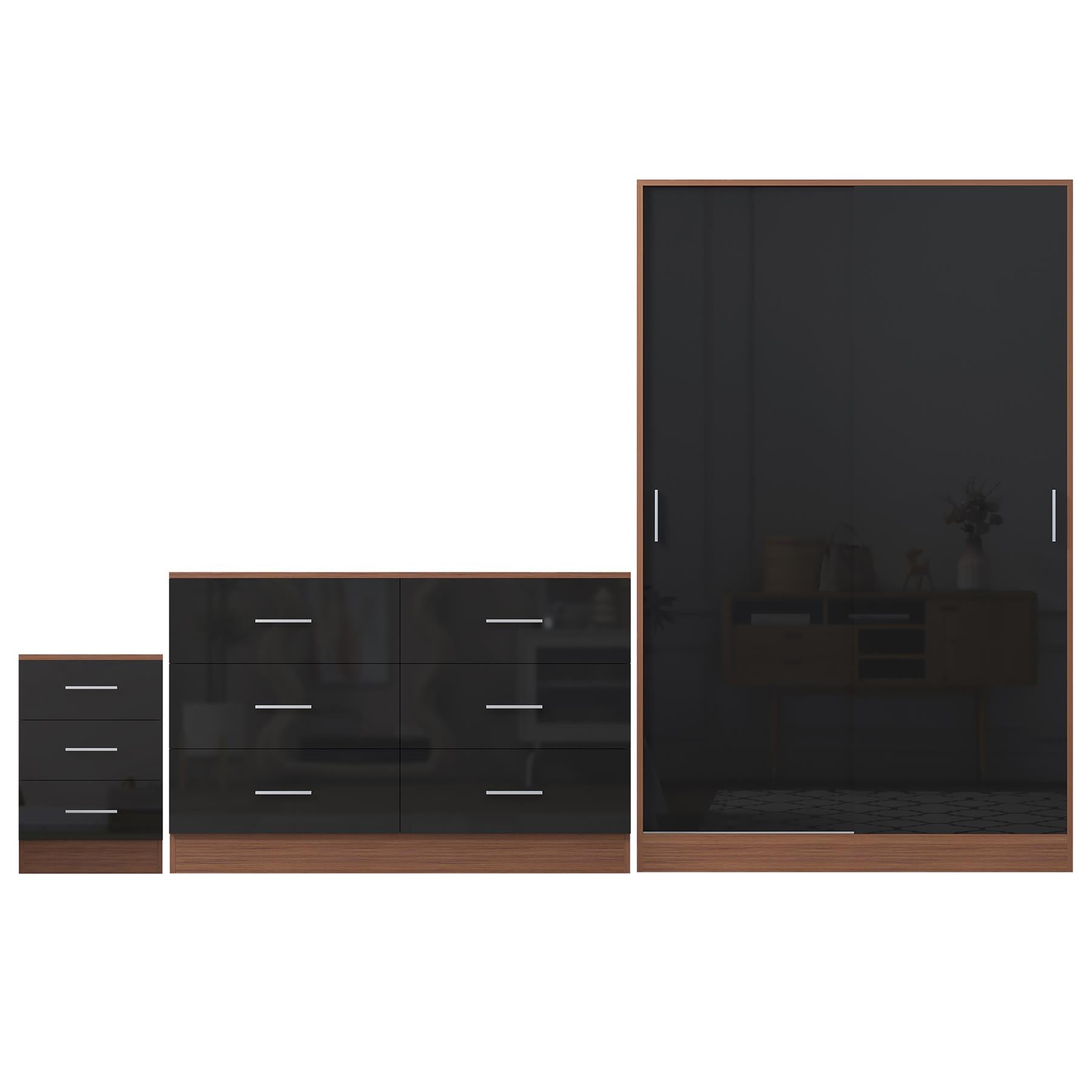 Reflect 2 Door Sliding Wardrobe, 6 Drawer Wide Chest, 3 Drawer Bedside - Black Gloss & Walnut - Modern Bedroom Furniture Set
