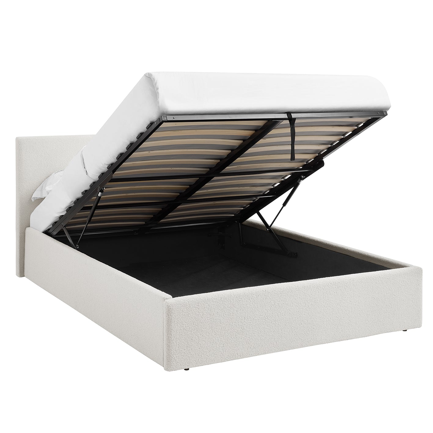 TEDDY BOUCLE 4FT Small Double Gas Lift Up Ottoman Storage Bedframe (H: 88.5cm x W: 138cm x L: 203cm) (White)