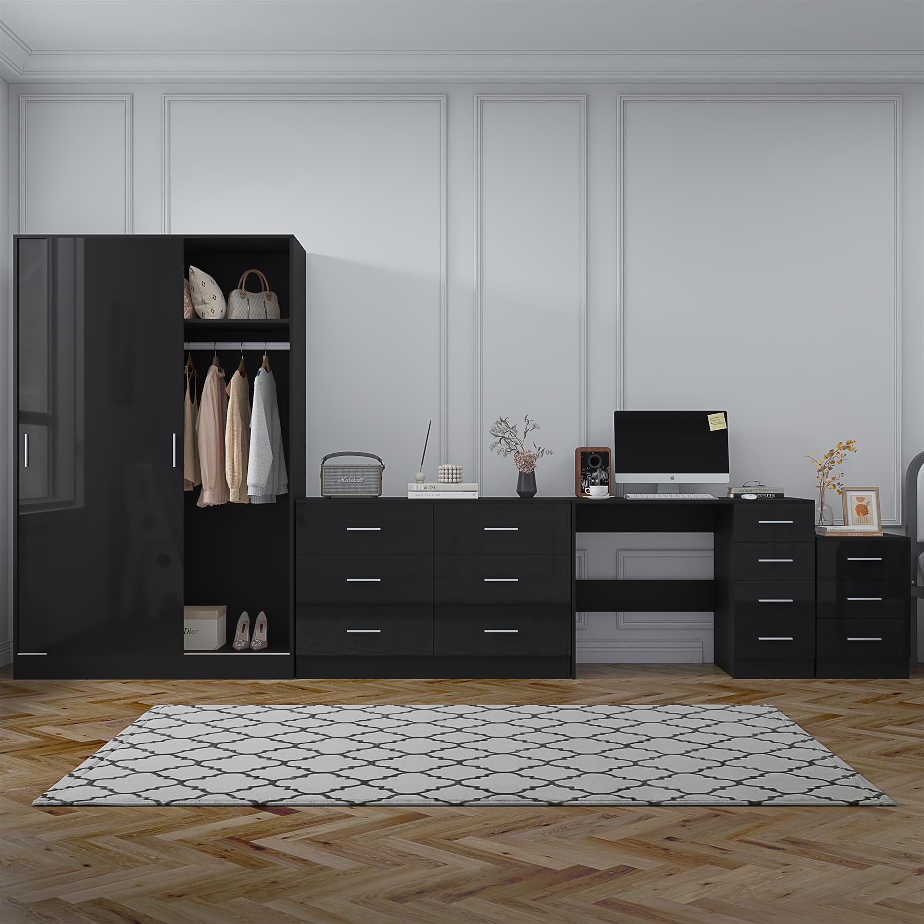 Reflect 2 Door Sliding Wardrobe, 6 Drawer Wide Chest, 3 Drawer Bedside, 4 Drawer Desk - Black Gloss & Black Oak - Modern Bedroom Furniture Set.