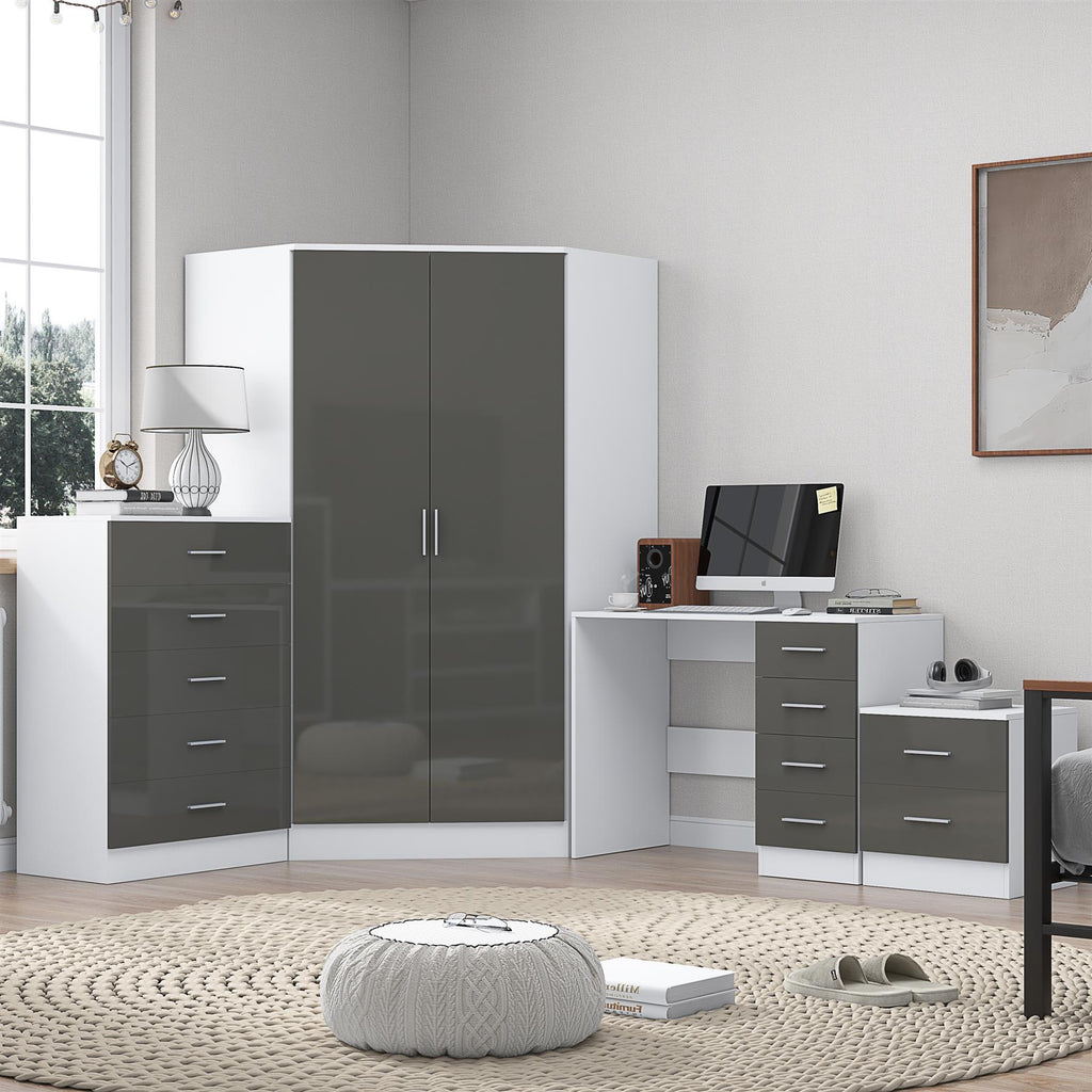 REFLECT Gloss 4pc Set - 2 Door Corner Wardrobe + 5 Draw Chest + Bedside + Desk