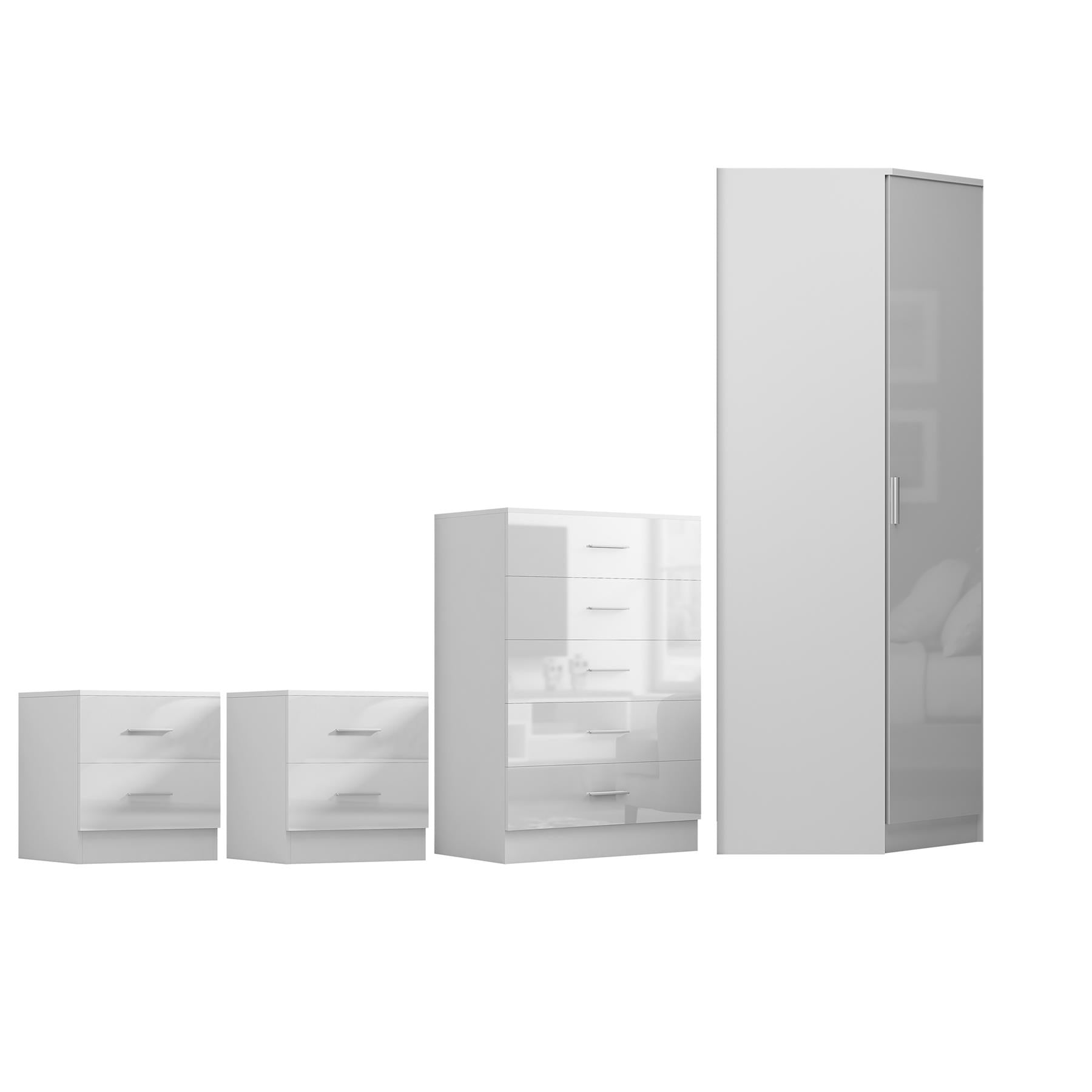 REFLECT - 1 Door Corner + 5 Drawer Chest + 2x 2 Drawer Bedside in Gloss White / Matt White