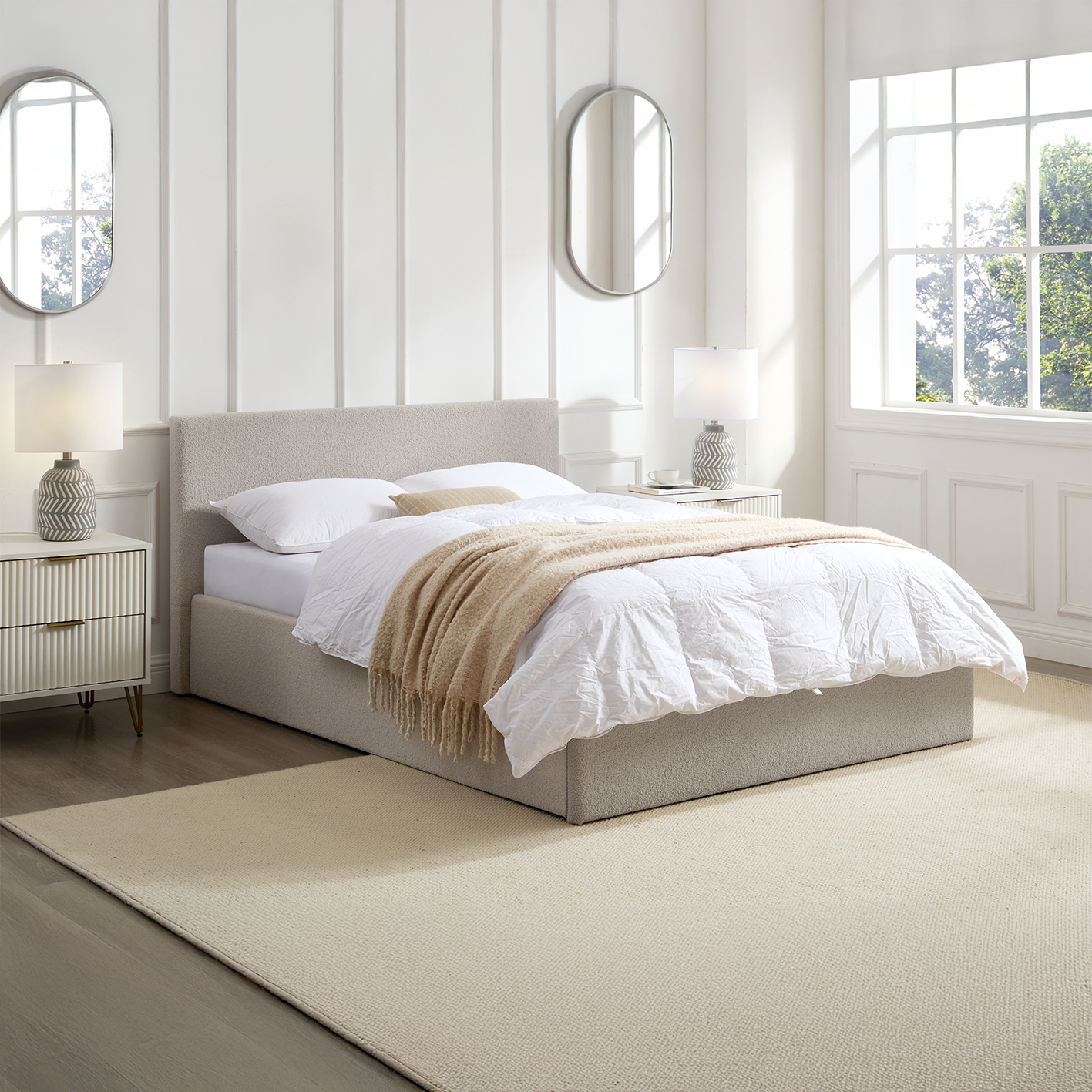 TEDDY BOUCLE 4FT Small Double Beige Ottoman Storage Bed Gas Lift Up with Memory Foam & Spring Mattress