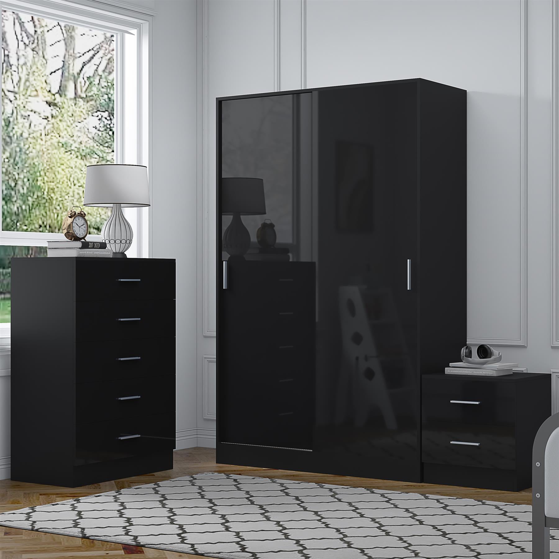 Reflect 2 Door Sliding Wardrobe, 5 Drawer Chest, 2 Drawer Bedside - Black Gloss & Black Oak - Modern Bedroom Furniture Set