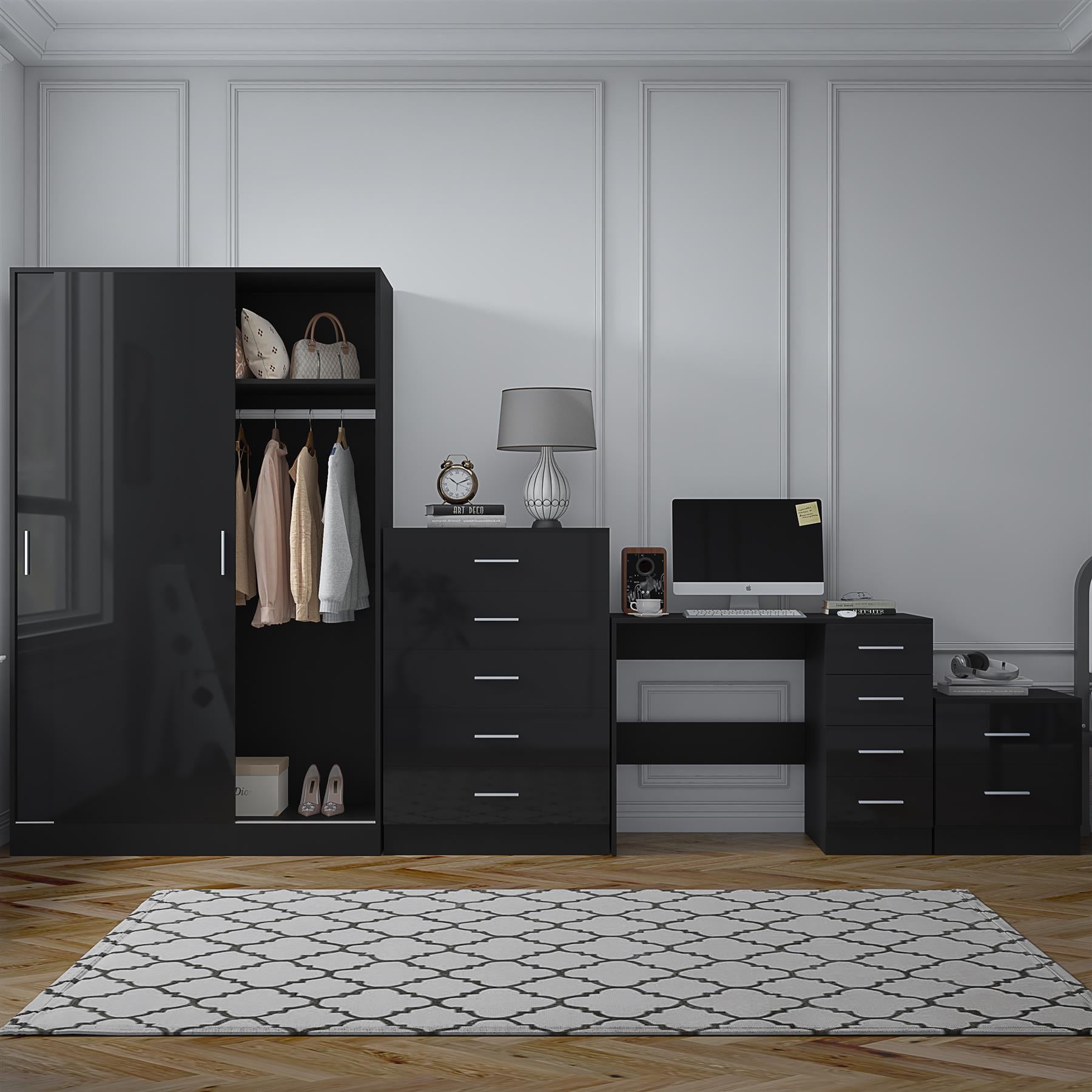 Reflect 2 Door Sliding Wardrobe, 5 Drawer Chest, 2 Drawer Bedside & Desk - Black Gloss & Black Oak - Modern Bedroom Furniture Set