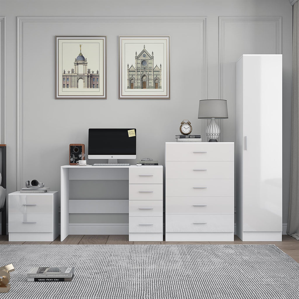 Reflect 1 Door Plain Wardrobe, 5 Drawer Chest, 2 Drawer Bedside & Desk - White Gloss & Matt White - Bedroom Furniture Set