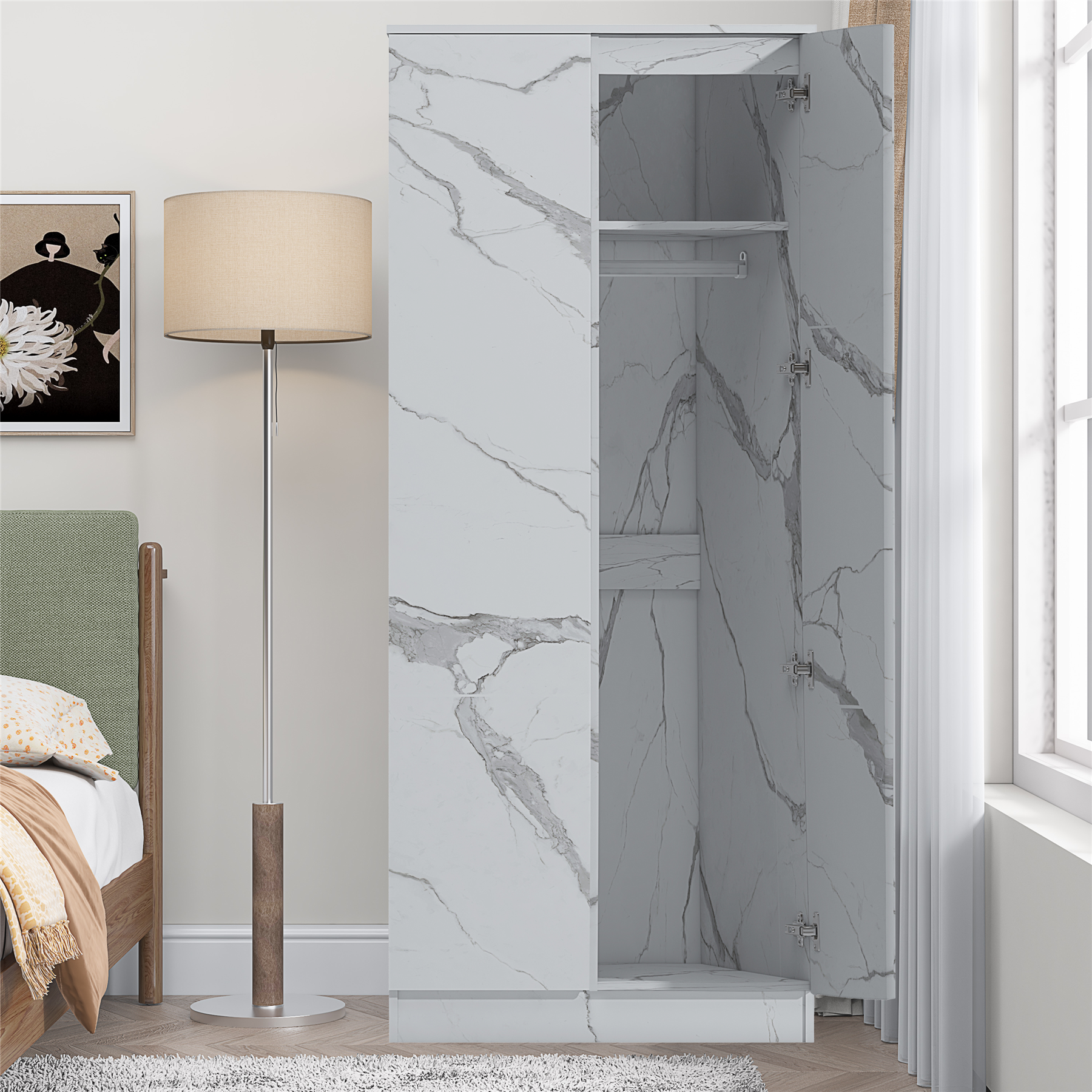 ZITA Bedroom Furniture Range Wardrobe Chest Bedside in White Marble Effect