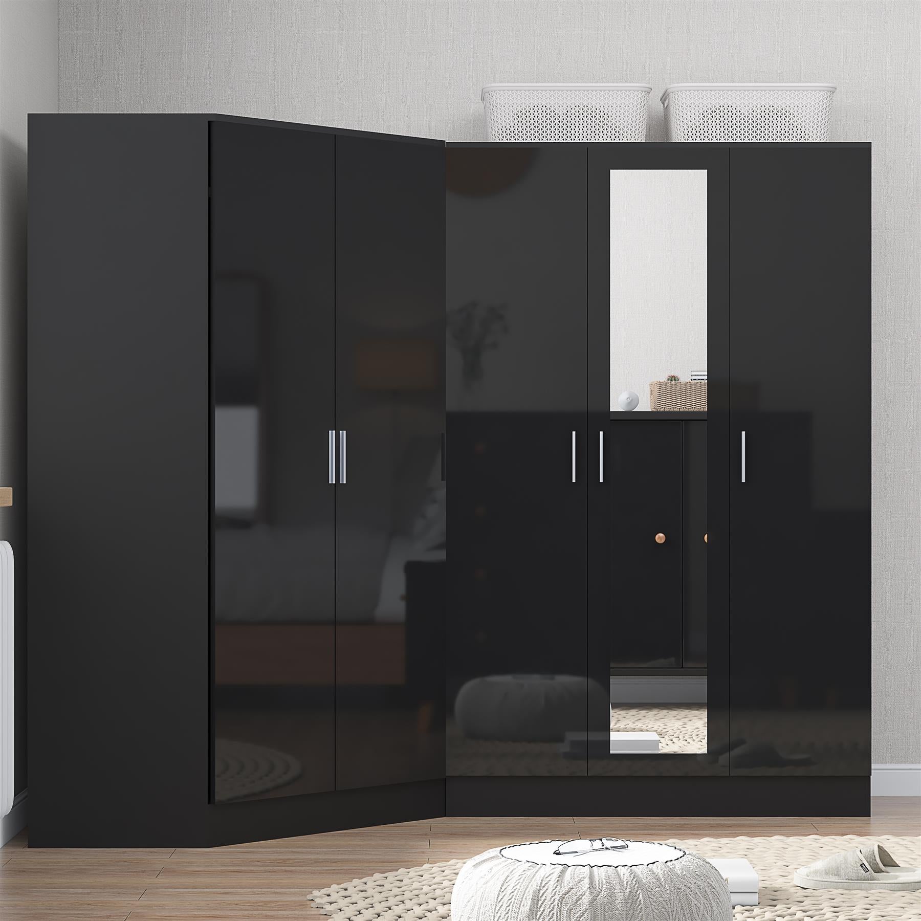 REFLECT Gloss 5 Door Wardrobe Bundle - 2 Door Corner + 3 Door Mirror Bedroom Set