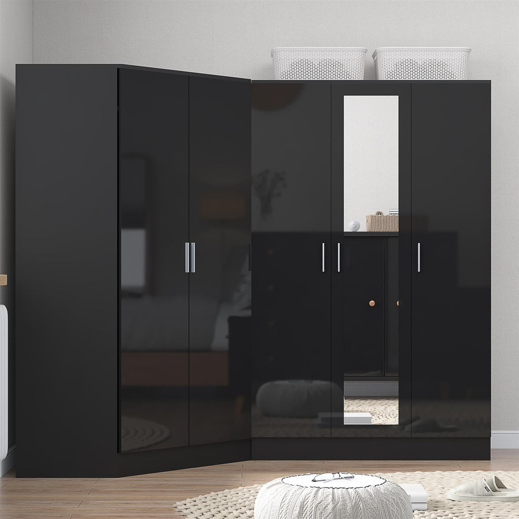 Reflect 2pc Wardrobe Bundle - 2 Door Corner + 3 Door Mirror - Black Gloss & Black Oak - H: 180cm x W: 179cm x D: 103cm