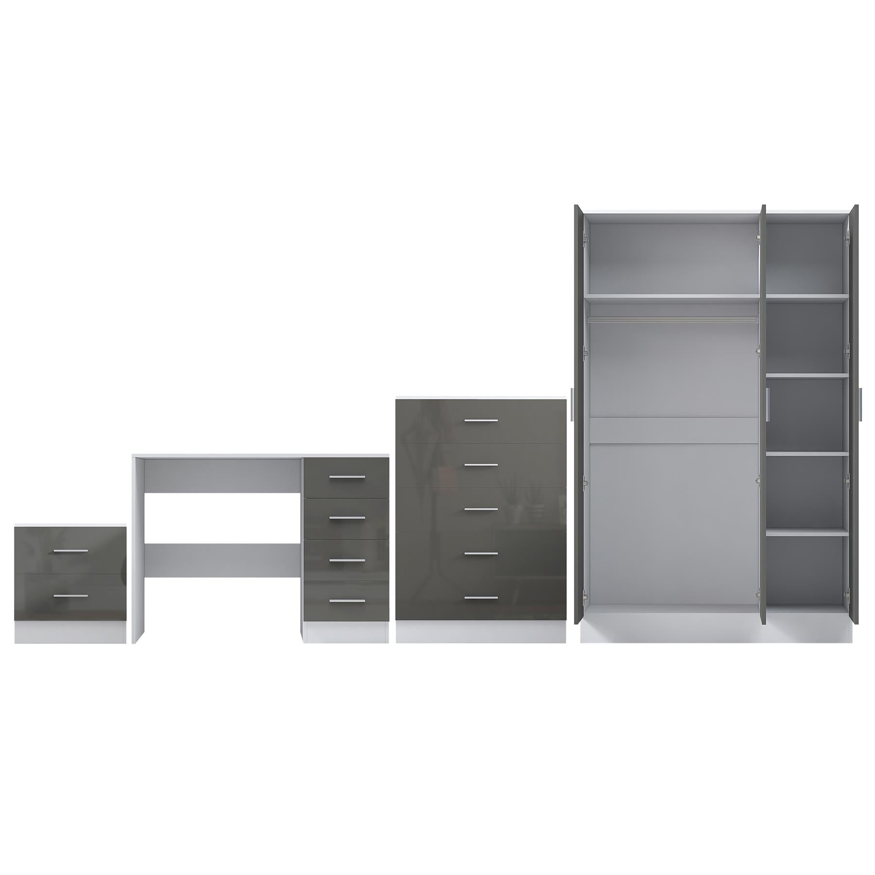 Reflect 3 Door Plain Wardrobe, 5 Drawer Chest, 2 Drawer Bedside & Desk - Grey Gloss & Matt White - Modern Bedroom Furniture Set