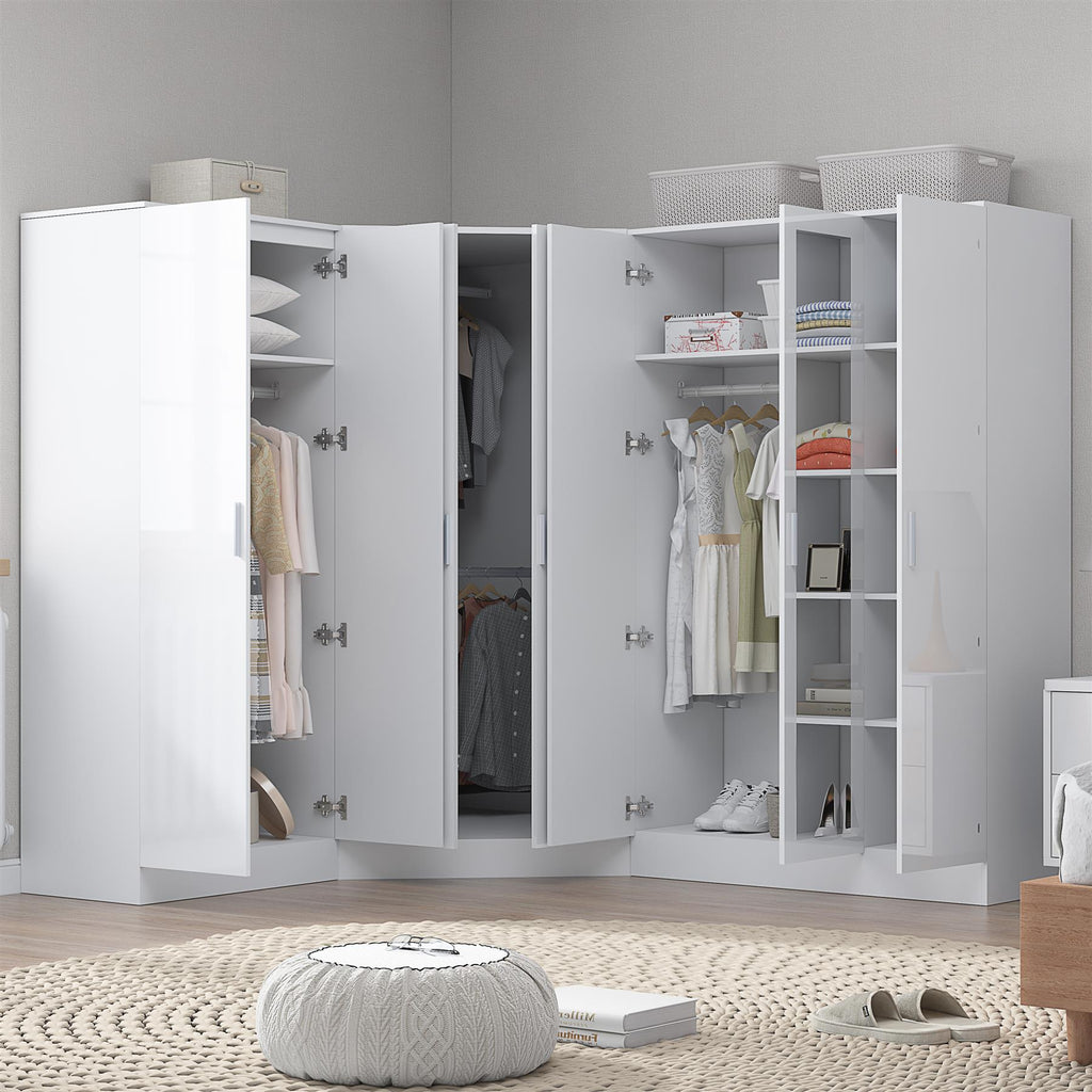 Reflect 3pc Wardrobe Bundle - 2 Door Corner + 3 Door Mirror + 2 Door Plain - White Gloss & Matt White
