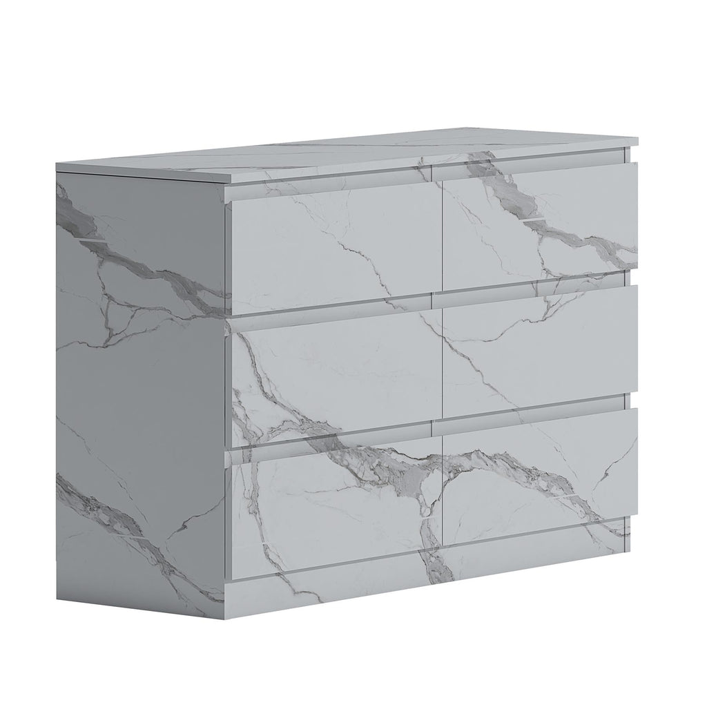 ZITA 6 Drawer Chest - White Marble Effect Wide Storage Unit